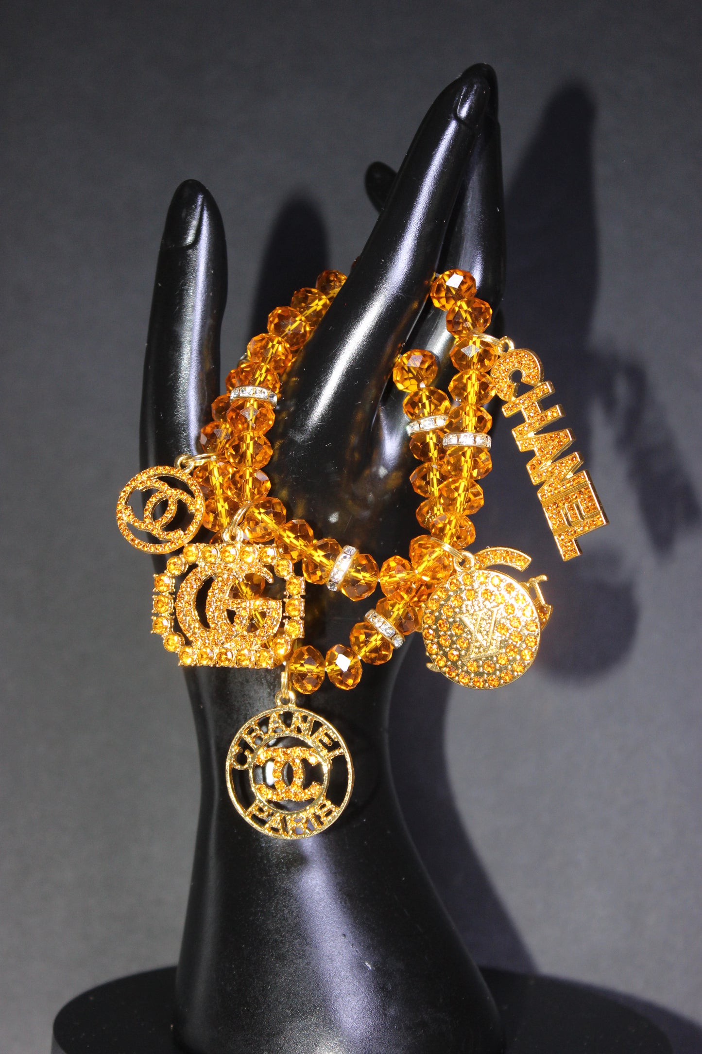 2 Piece Topaz/Gold Crystal Charm Bracelet Set
