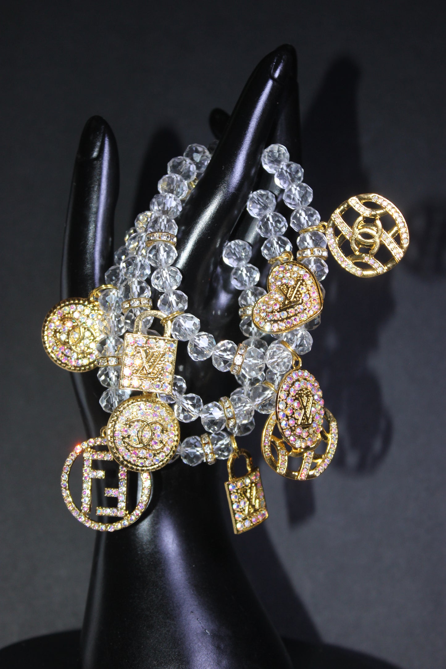 3 Piece Clear & Gold Crystal Charm Bracelet Set with Gold & Iridescent Rhinestone Charms