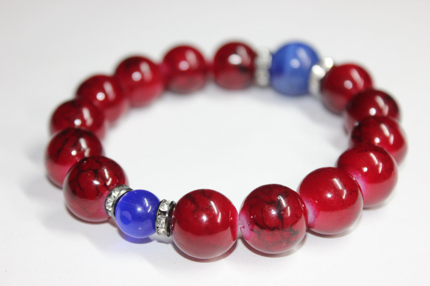 Red & Blue Set In Silver Beaded Bracelet