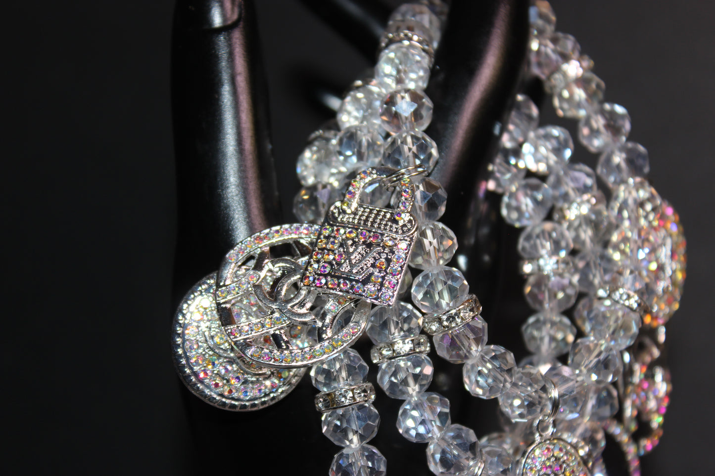 3 Piece Iridescent Charm Bracelet Set With Iridescent Rhinestone Charms