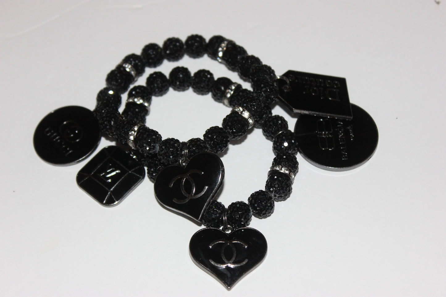 Black Rhinestone 2 Piece Charm Bracelet Set