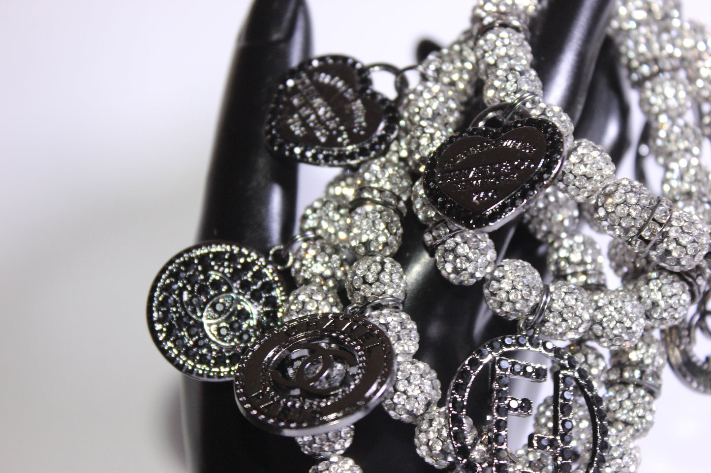 Black & Silver Rhinestone Charm Bracelet Set