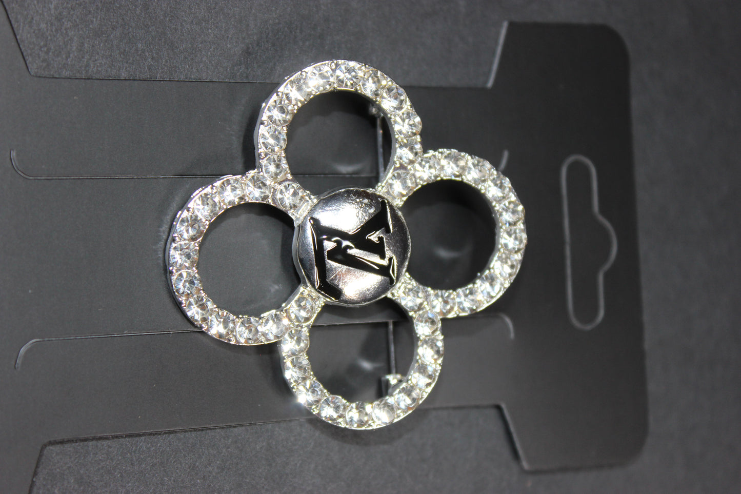 Silver & Black Rhinestone Clover Style Brooch Pin