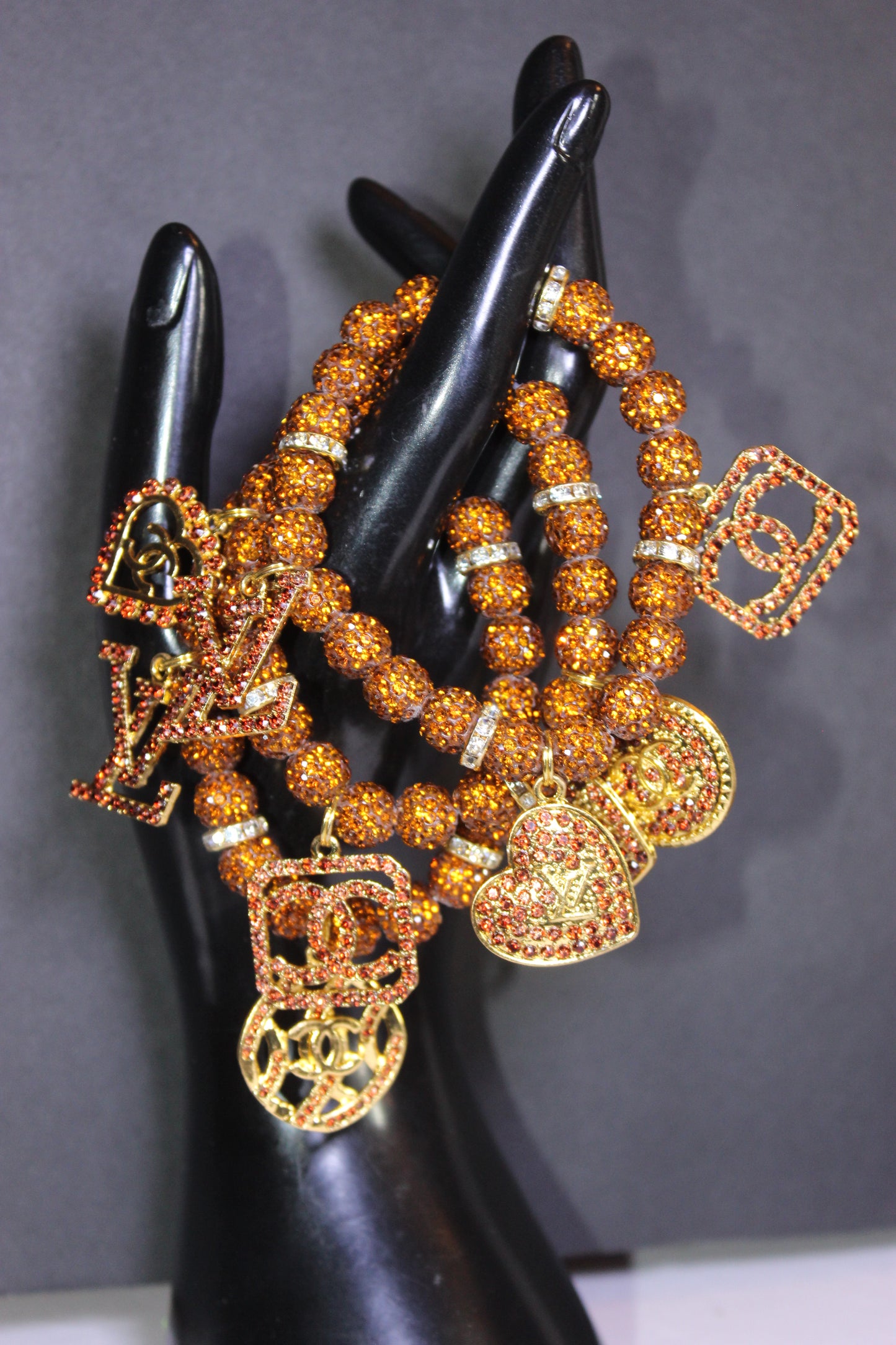 3 Piece Brown Gold & Topaz Rhinestone Charm Bracelet Set