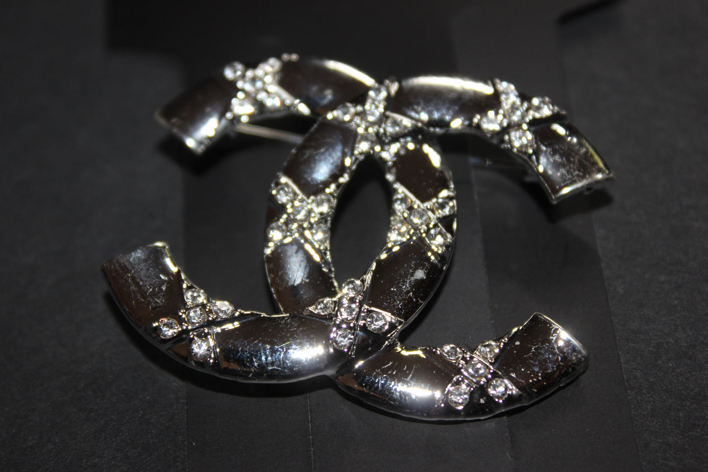 Silver Brooch Pin with Rhinestones