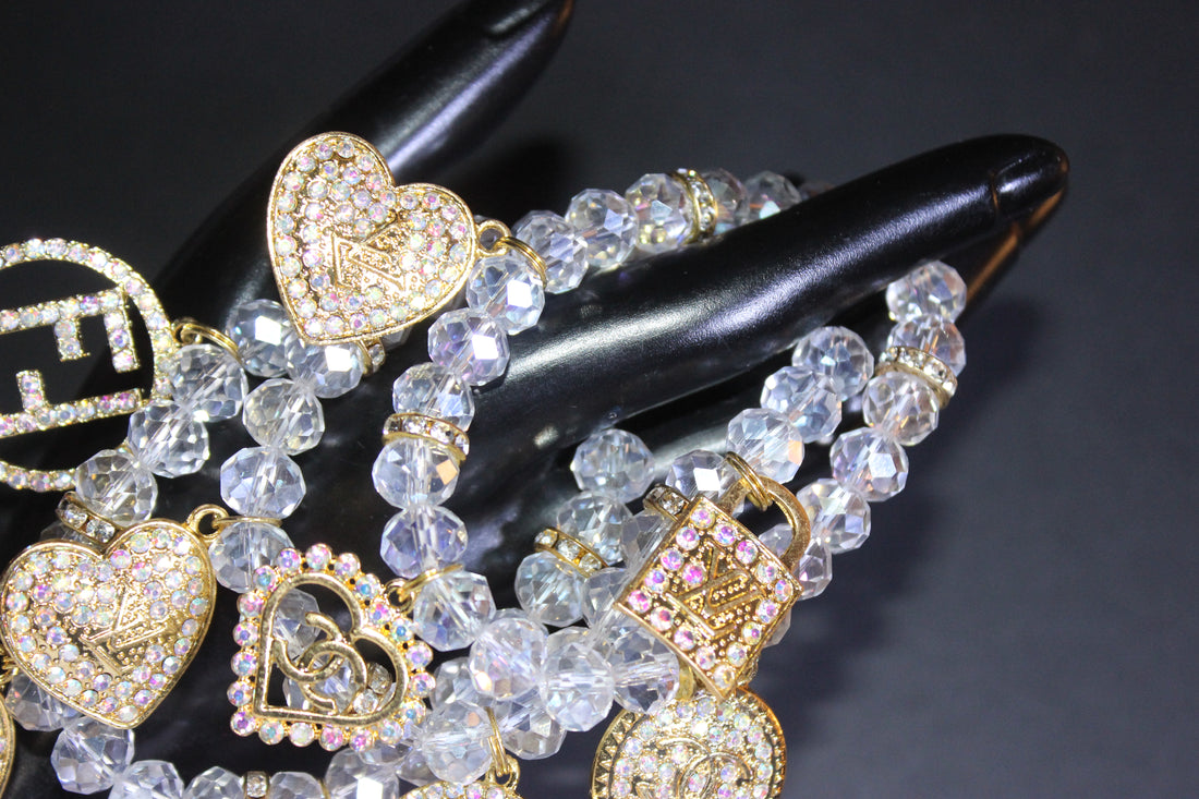 Iridescent & Gold Crystal Charm Bracelet Set