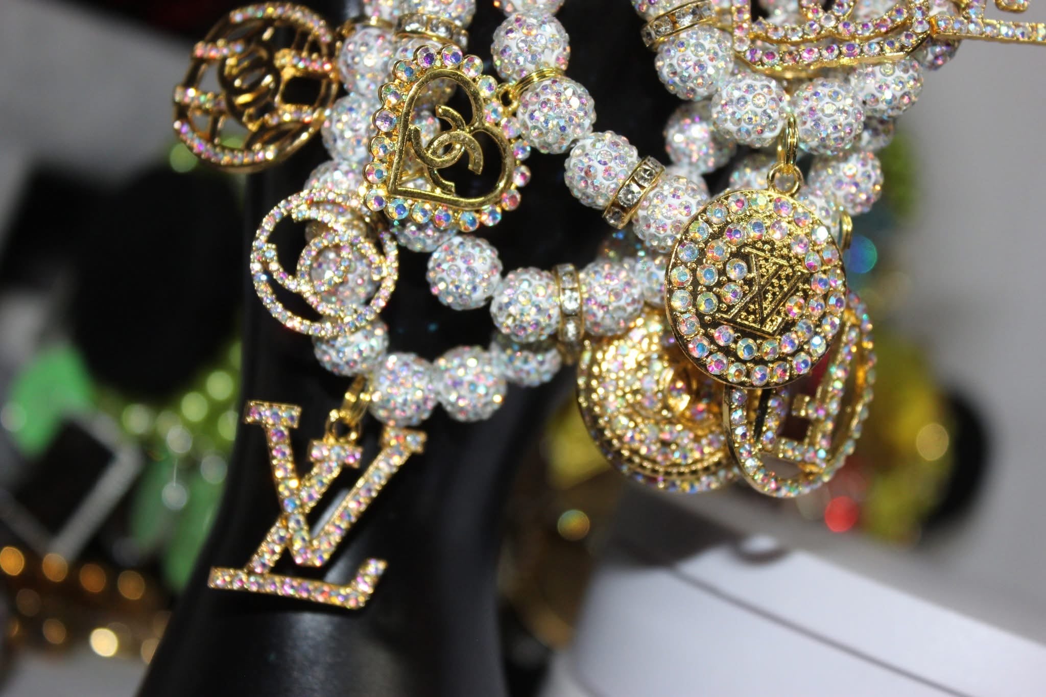 4 Piece Iridescent & White w/Gold Charm Bracelet Set