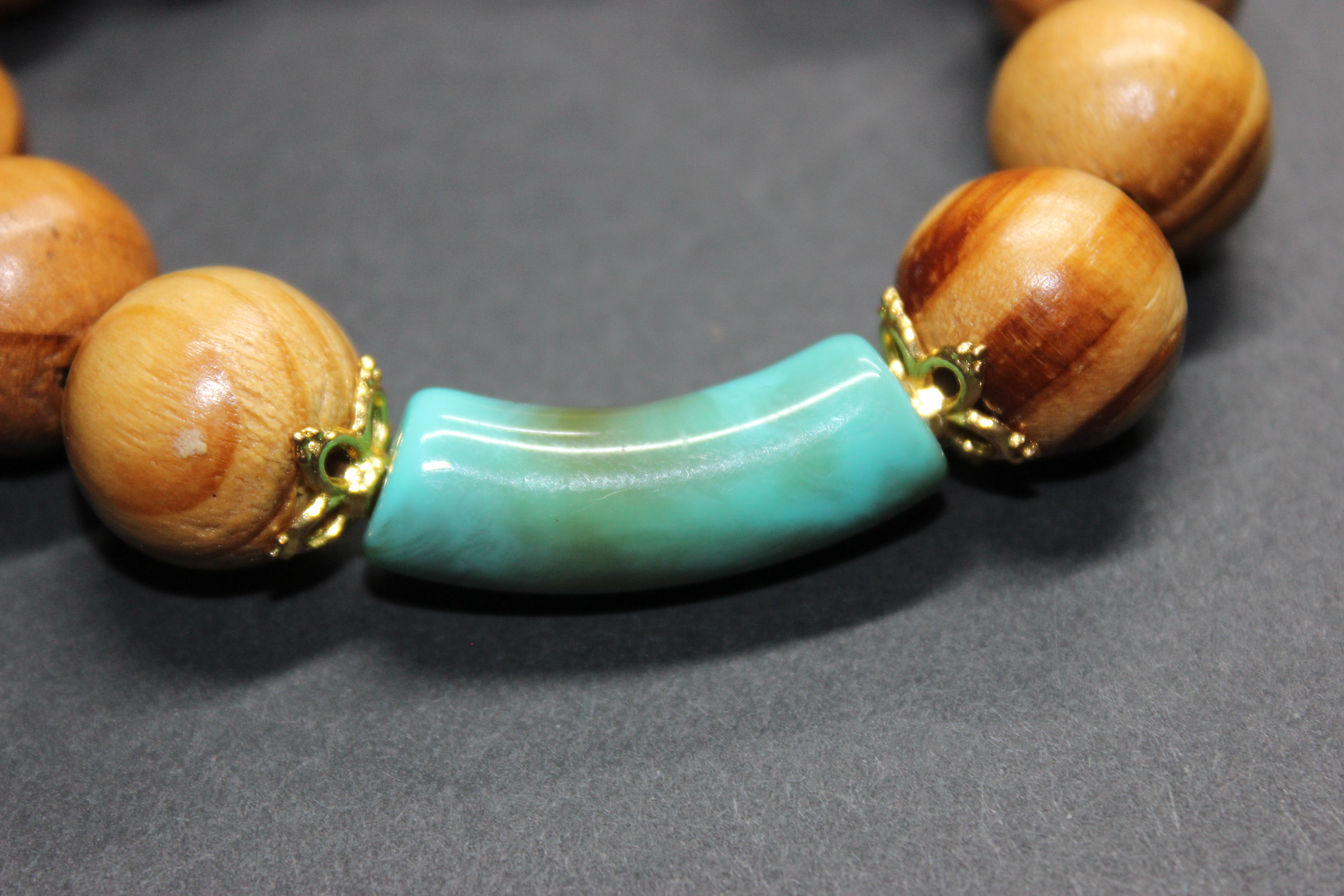 Turquoise W/Gold Wood Beaded Large Bracelet