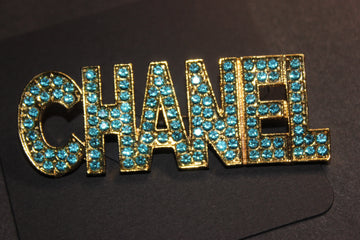 Aquamarine & Gold Rhinestone Brooch Pin