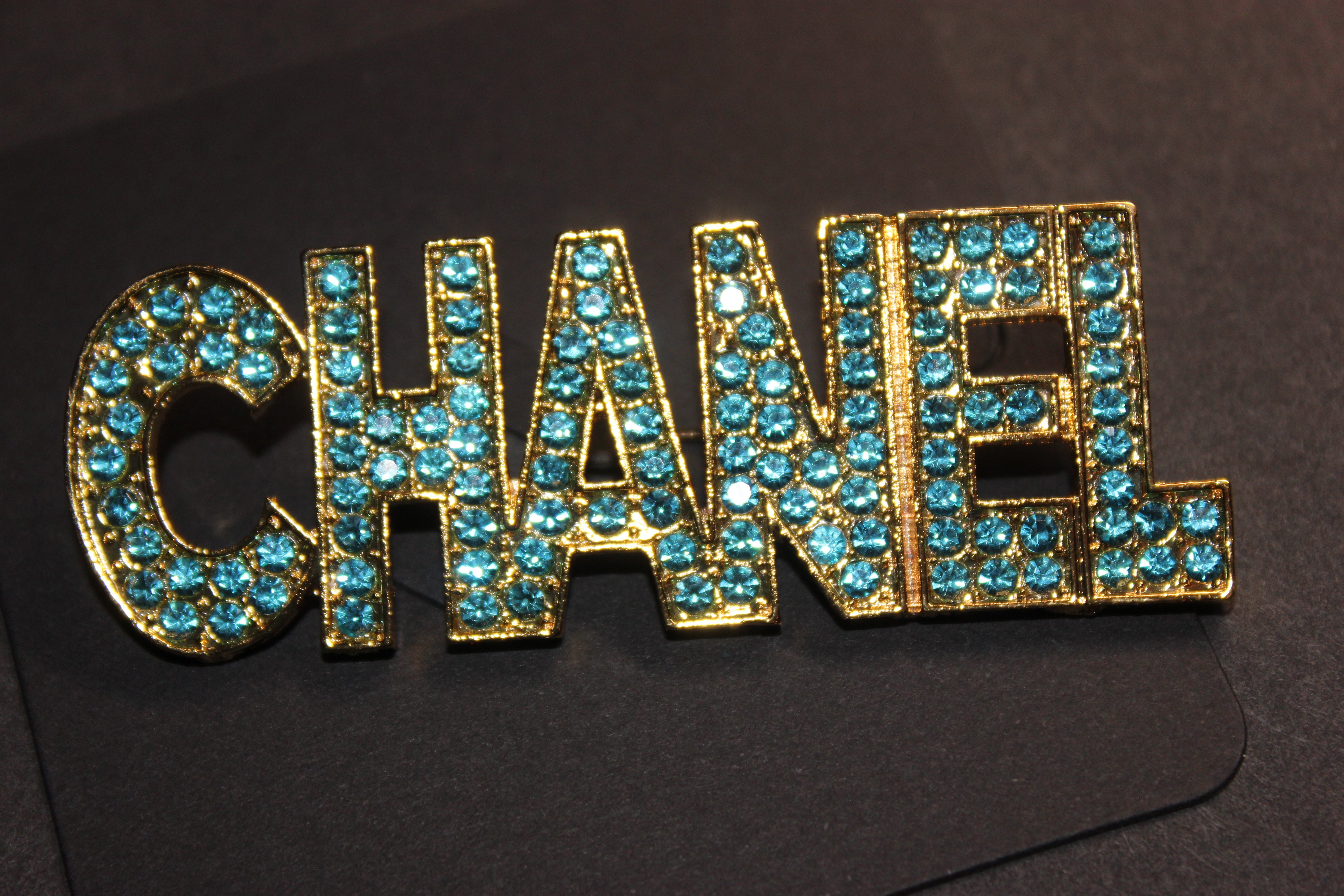 Aquamarine & Gold Rhinestone Brooch Pin