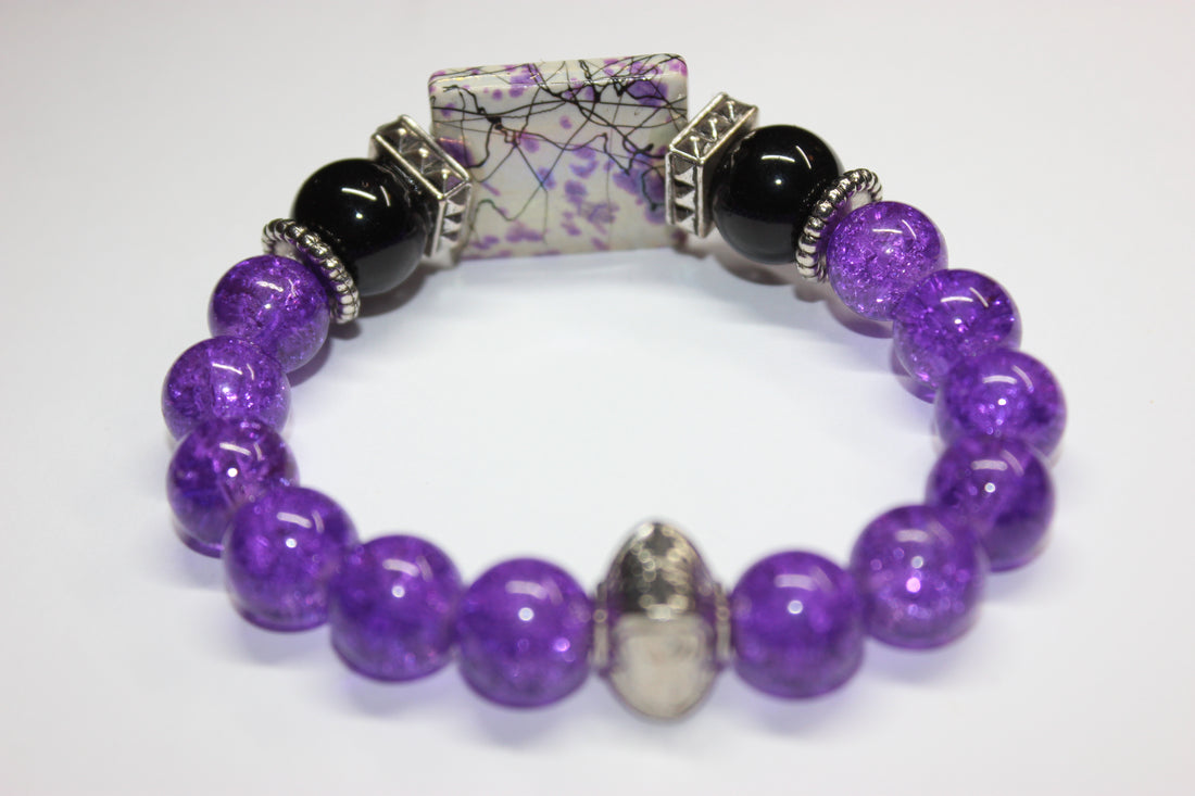 Purple Black & White w/ Silver Beaded Bracelet