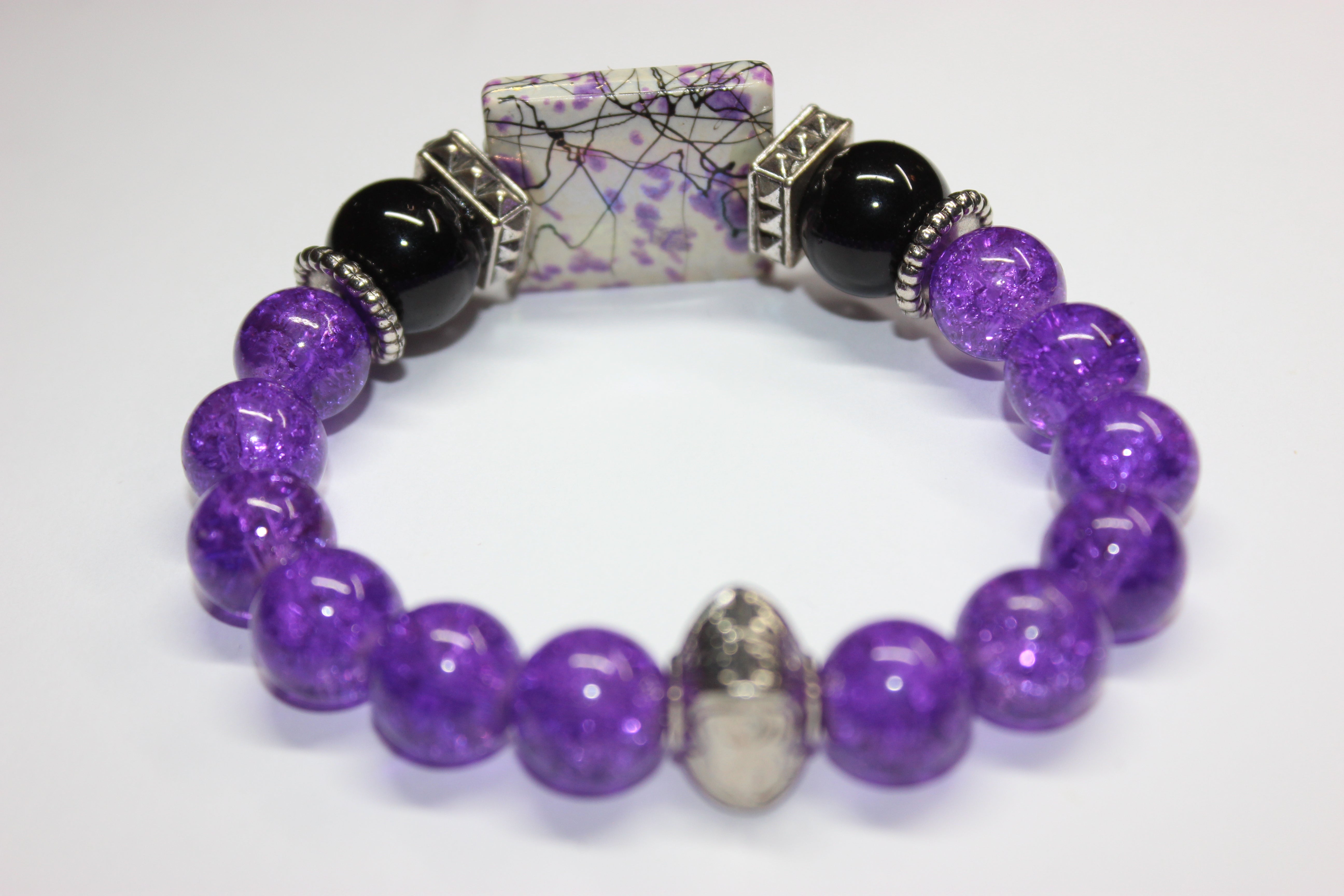 Purple Black & White w/ Silver Beaded Bracelet