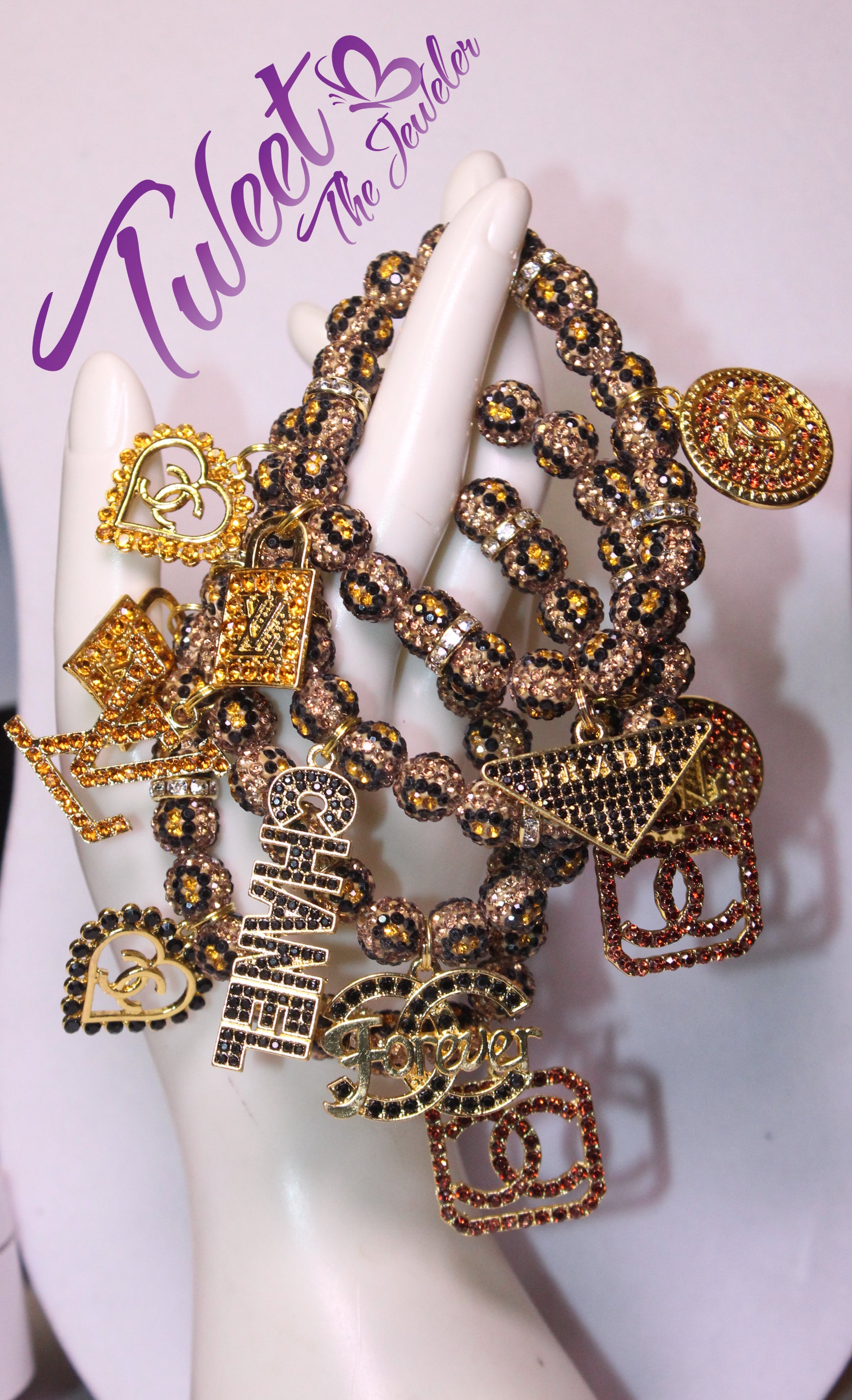 Animal Print 4 Piece Rhinestone Charm Bracelet Set Black/Brown/Gold/Topaz