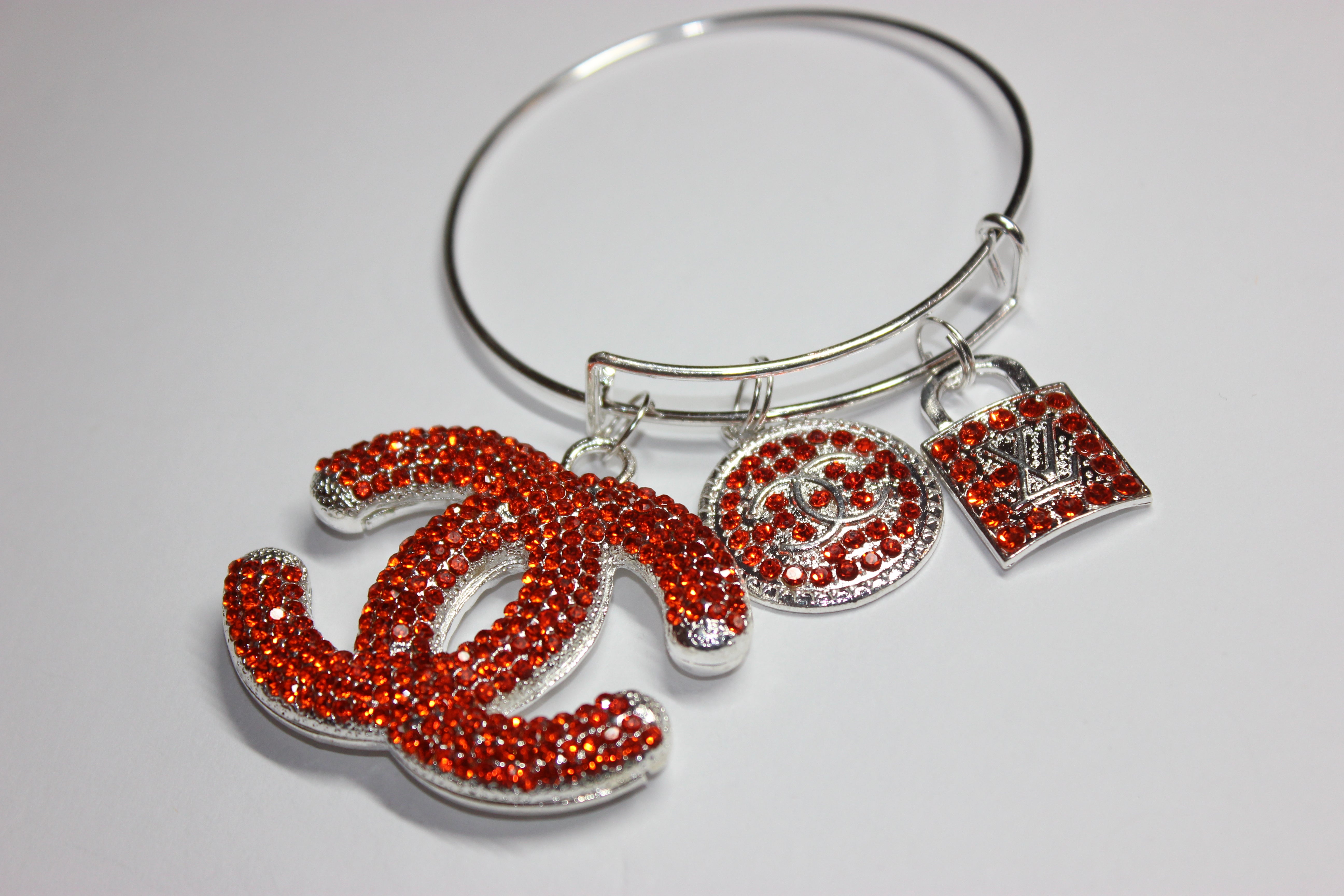 Orange & Silver Rhinestone Charm Bangle