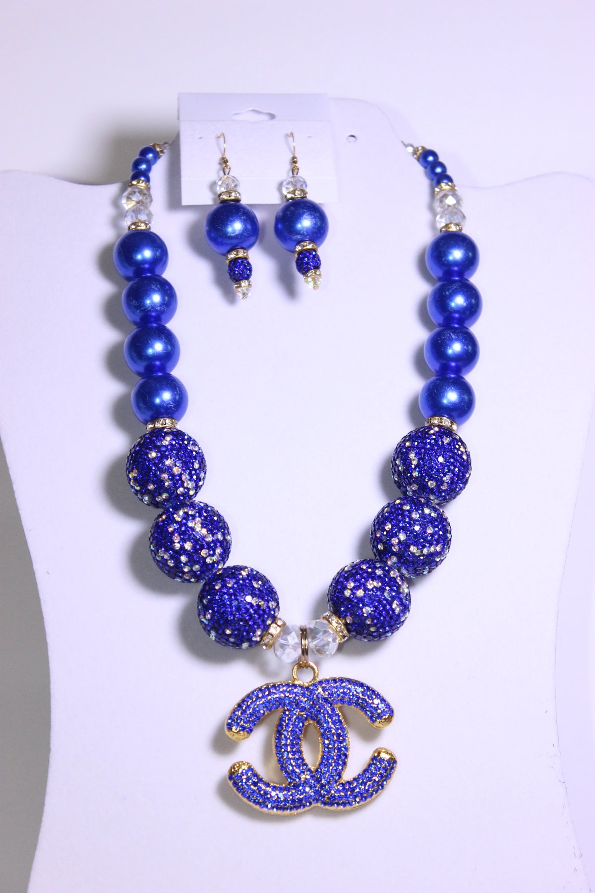 Blue Stonewashed Pearl & Rhinestone Charm Necklace Set with Earrings (GOLD)