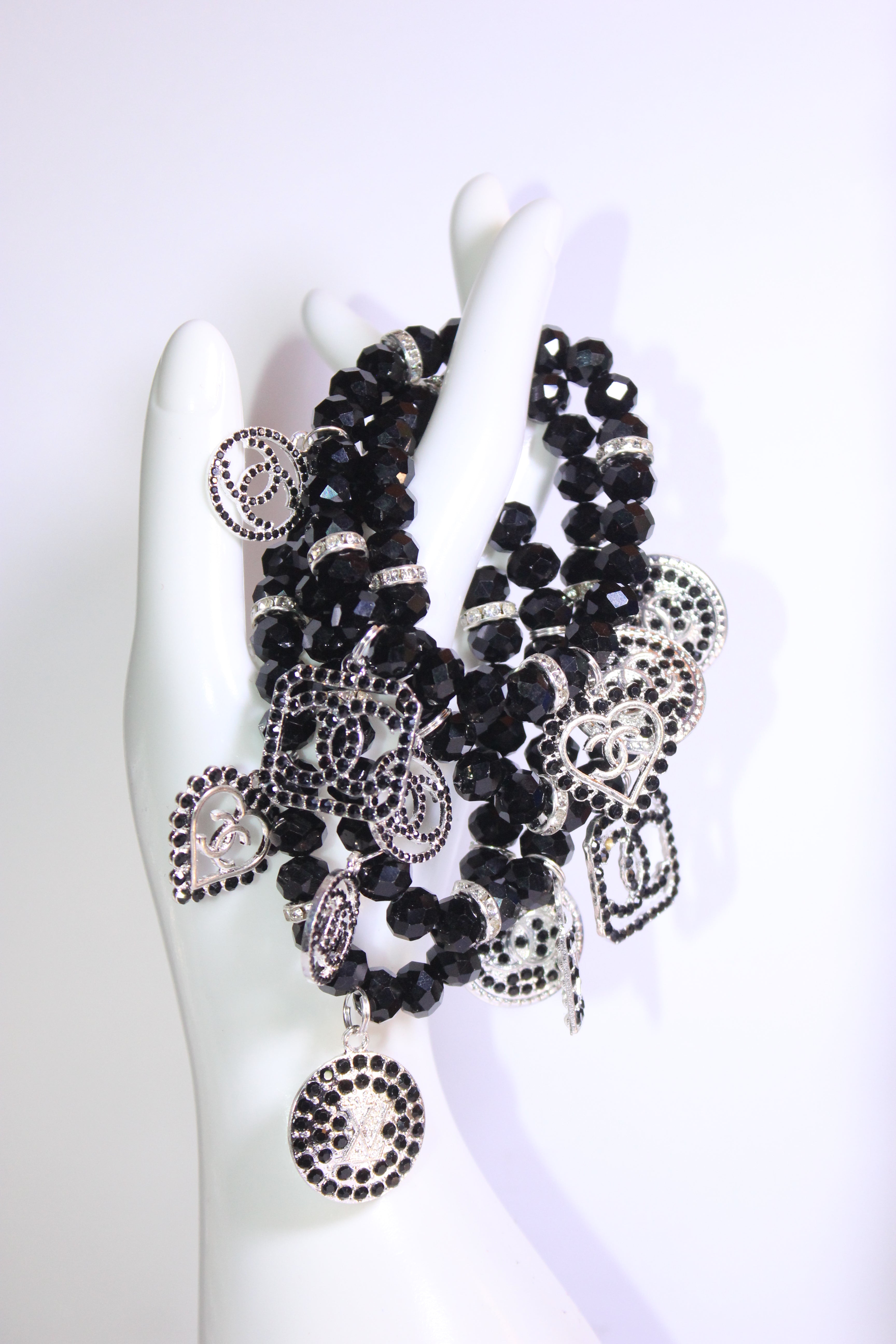 4 Piece Black & Silver Crystal Charm Bracelet Set