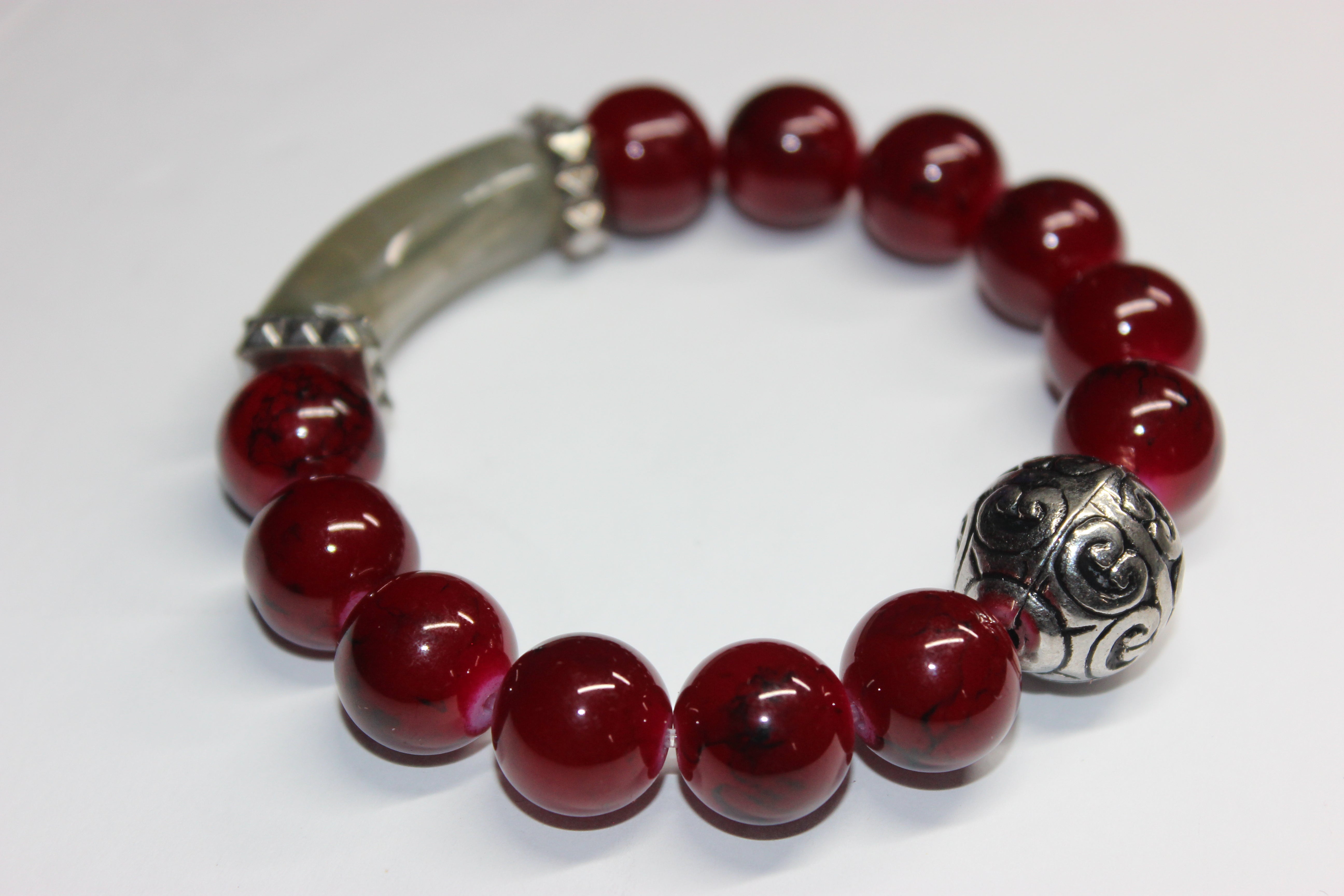 Red & Grey w/ Silver Beaded Bracelet