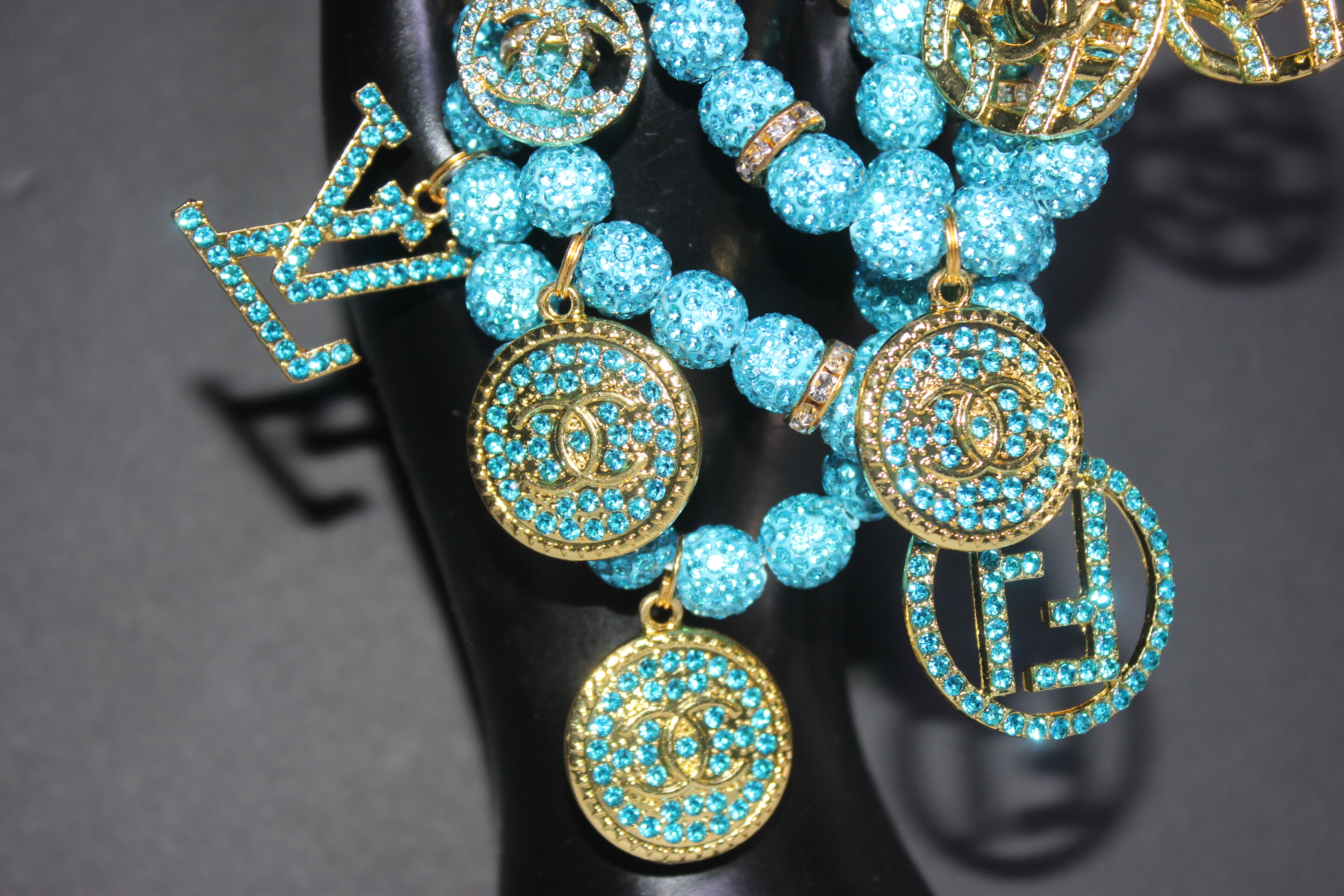 3 Piece Aquamarine & Gold Rhinestone Charm Bracelet Set