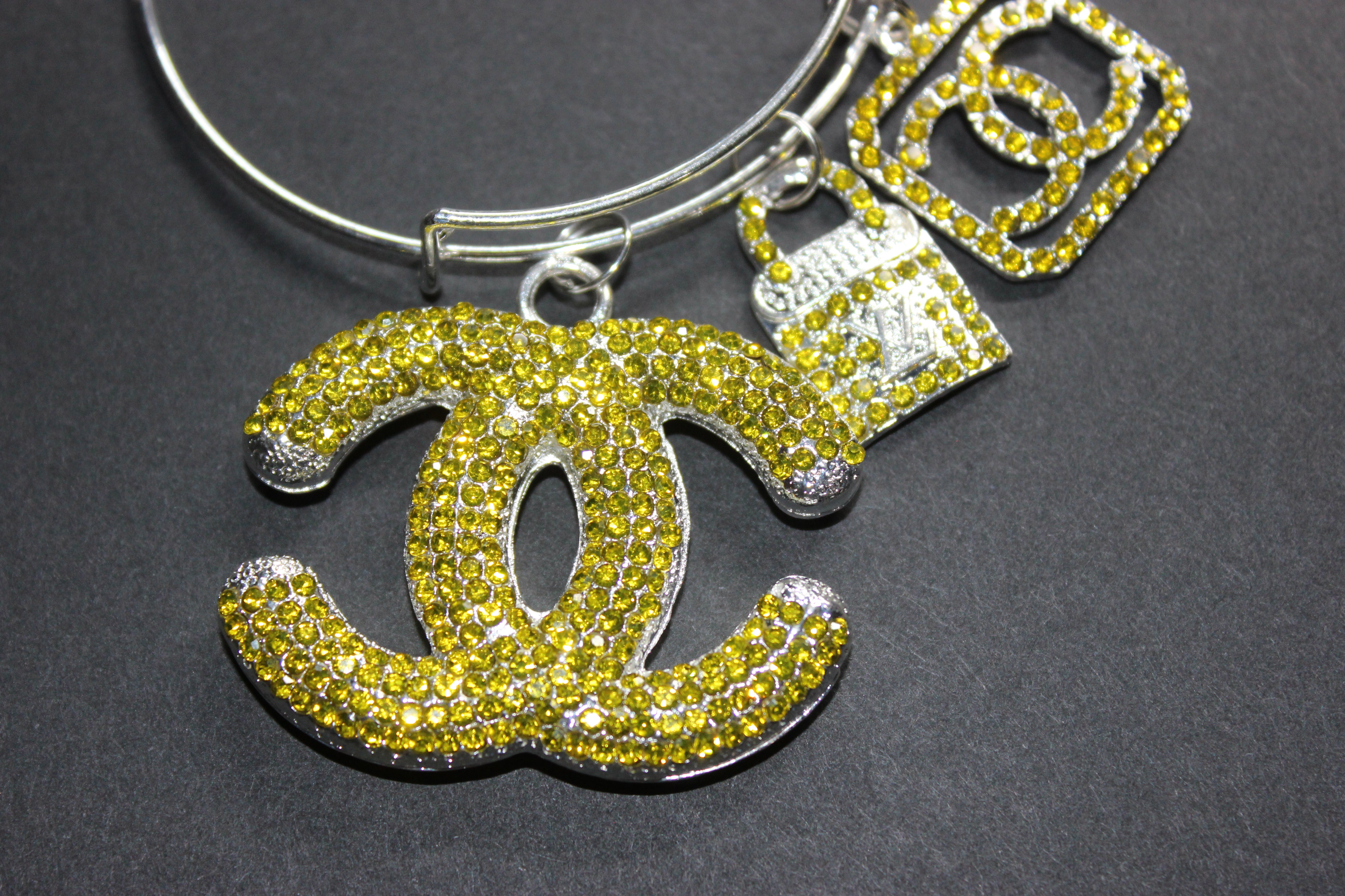 Yellow & Silver Rhinestone Charm Bangle Bracelet