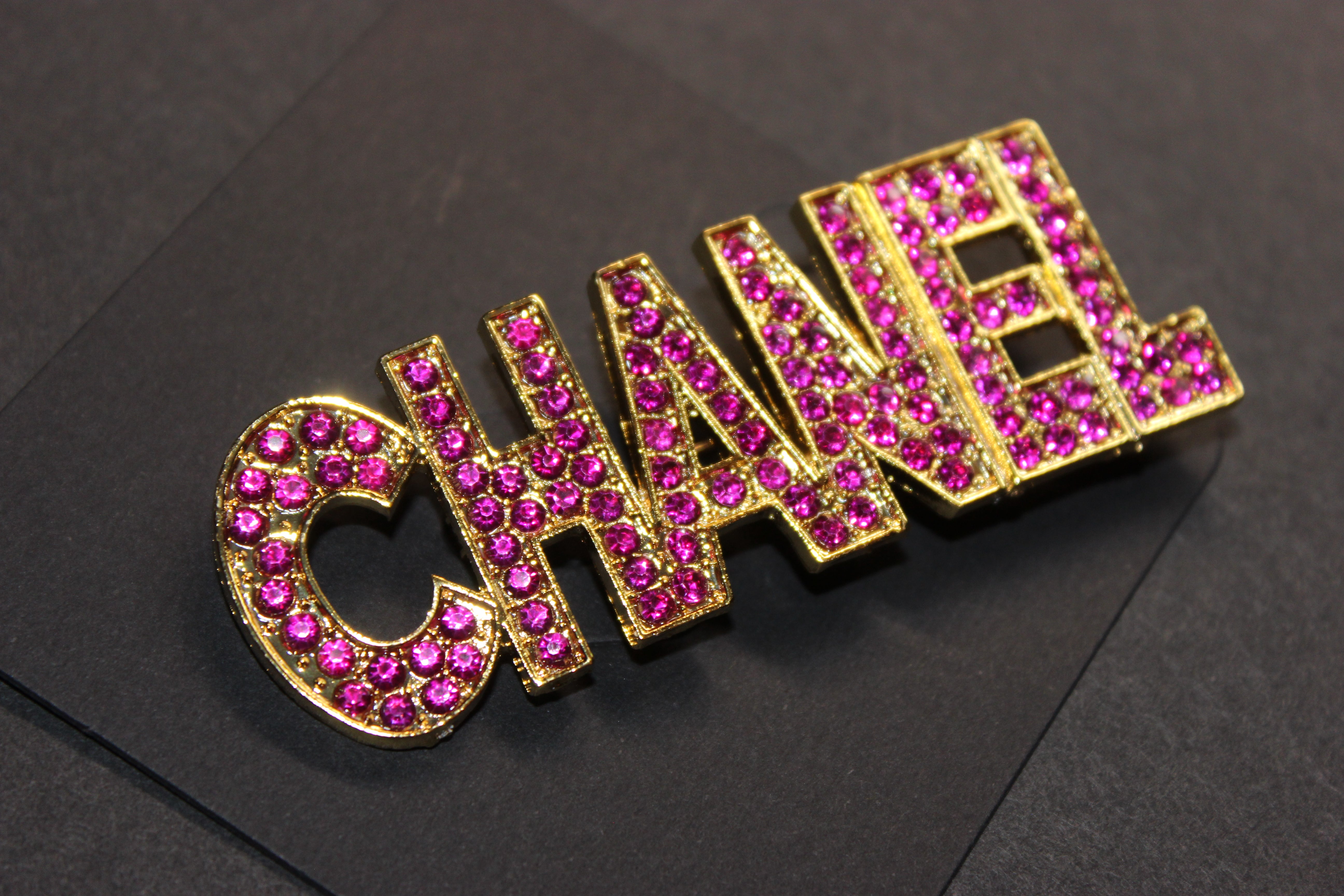 Hot Pink & Gold Rhinestone Brooch Pin