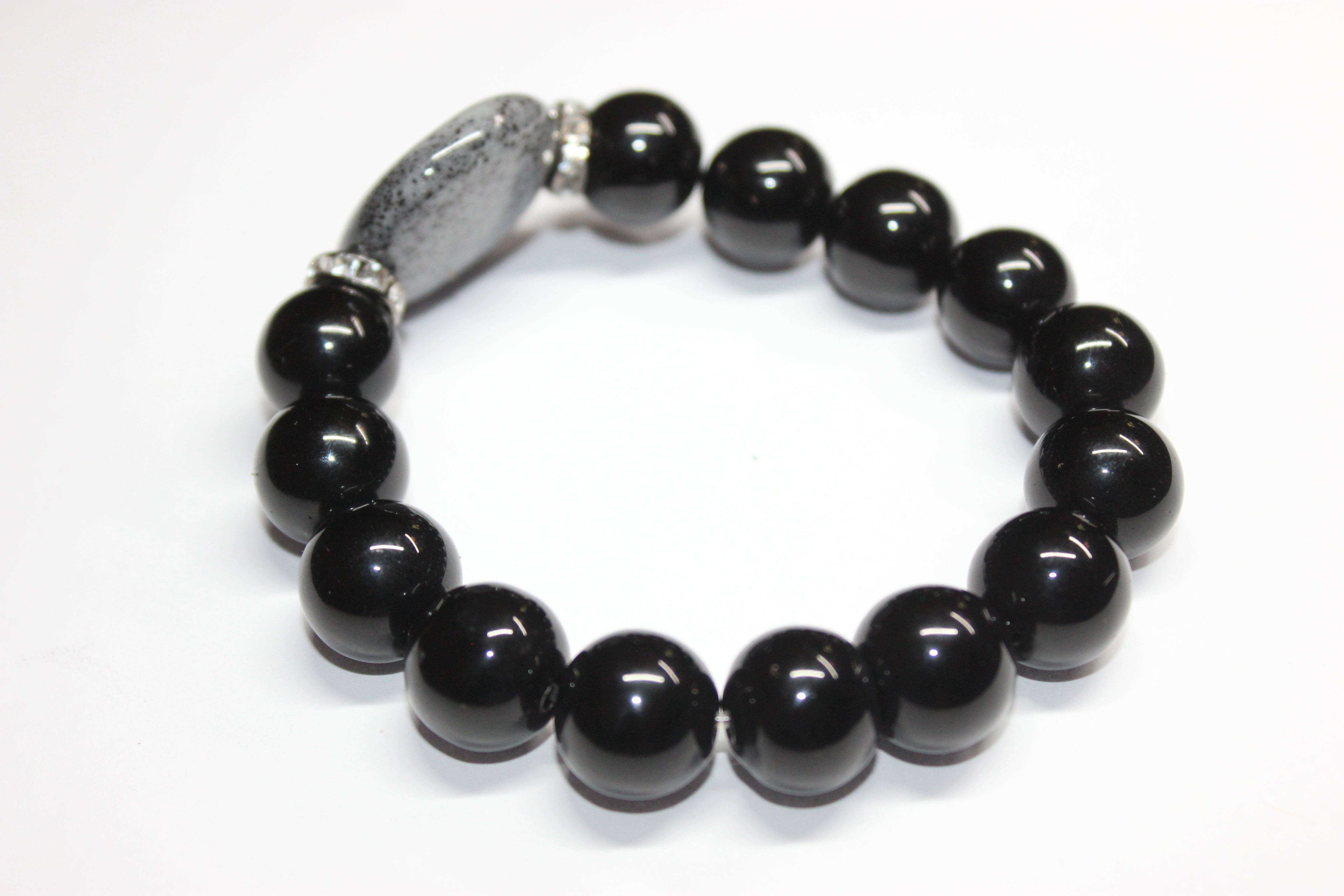 Black & Grey Beaded Bracelet with Smooth Gemstone