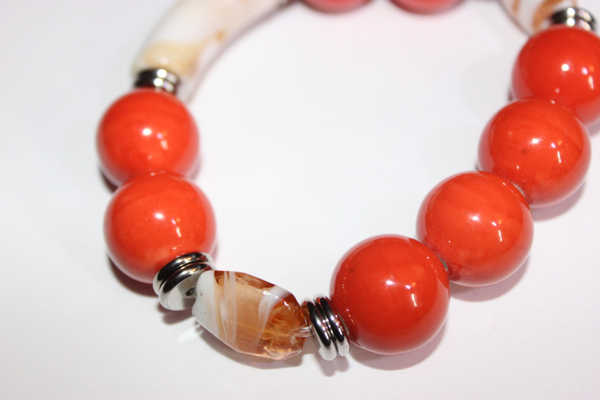 Orange & Beige Earth Tone Beaded Bracelet