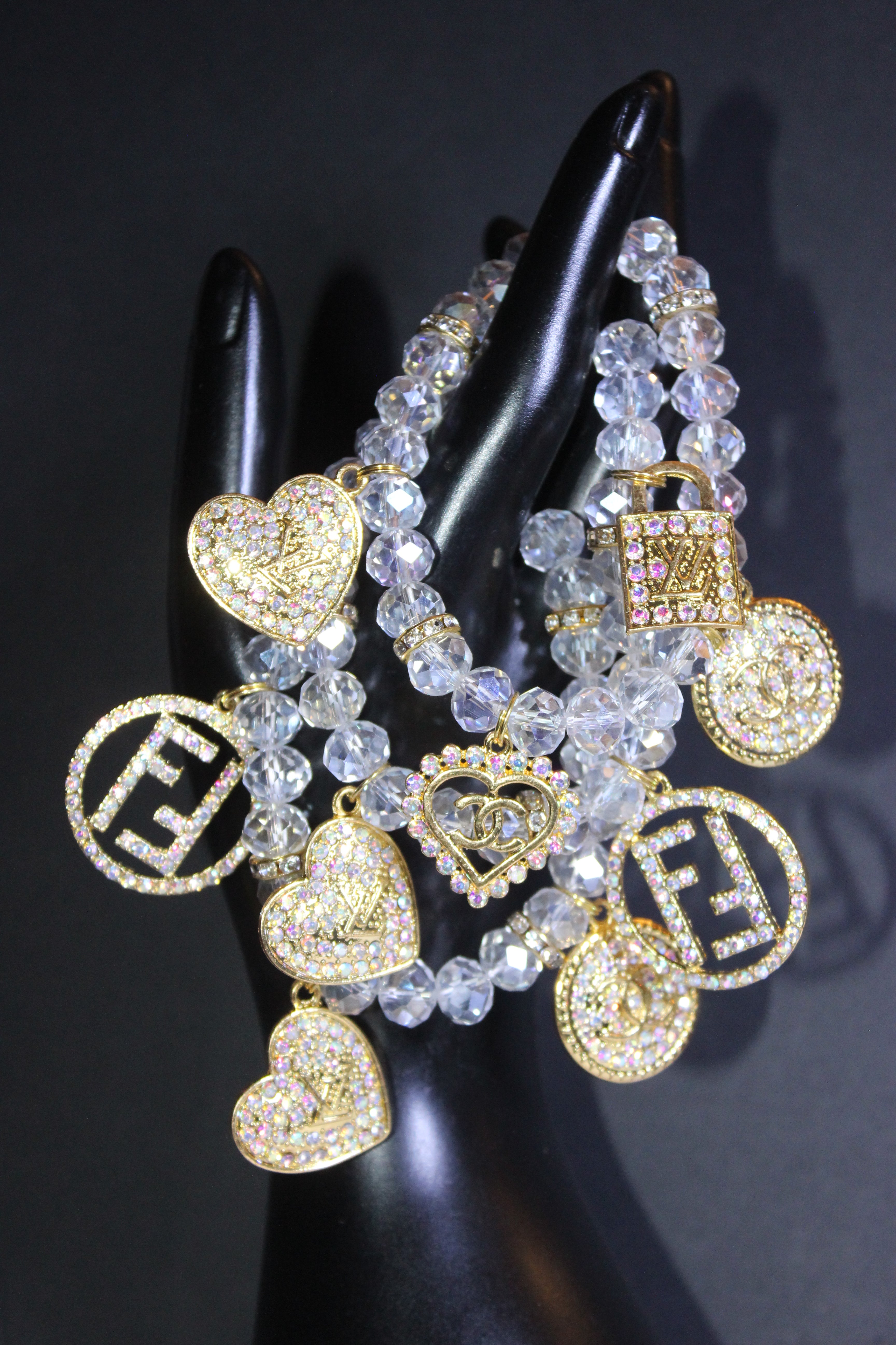 Iridescent & Gold Crystal Charm Bracelet Set