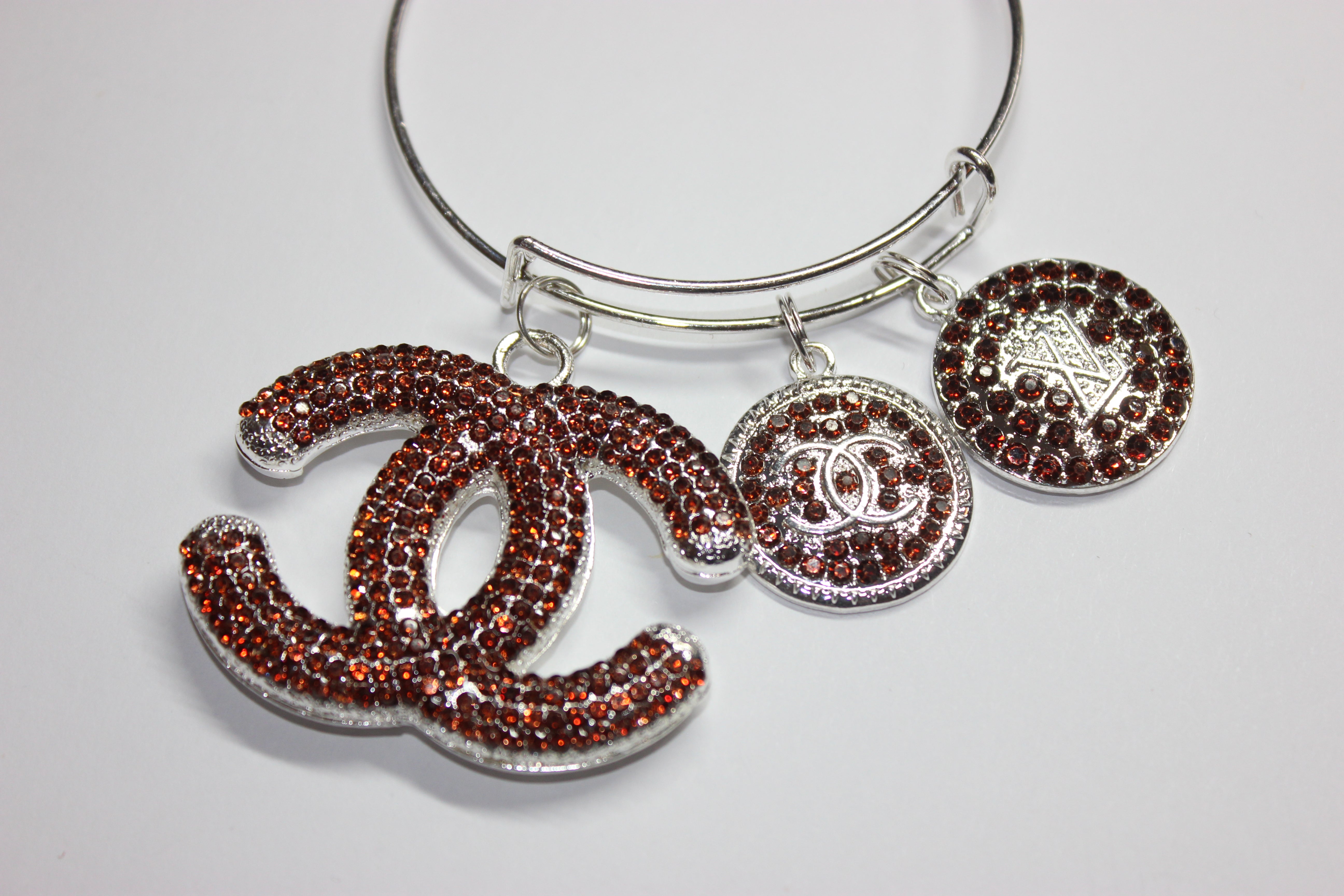 Brown & Silver Rhinestone Charm Bangle