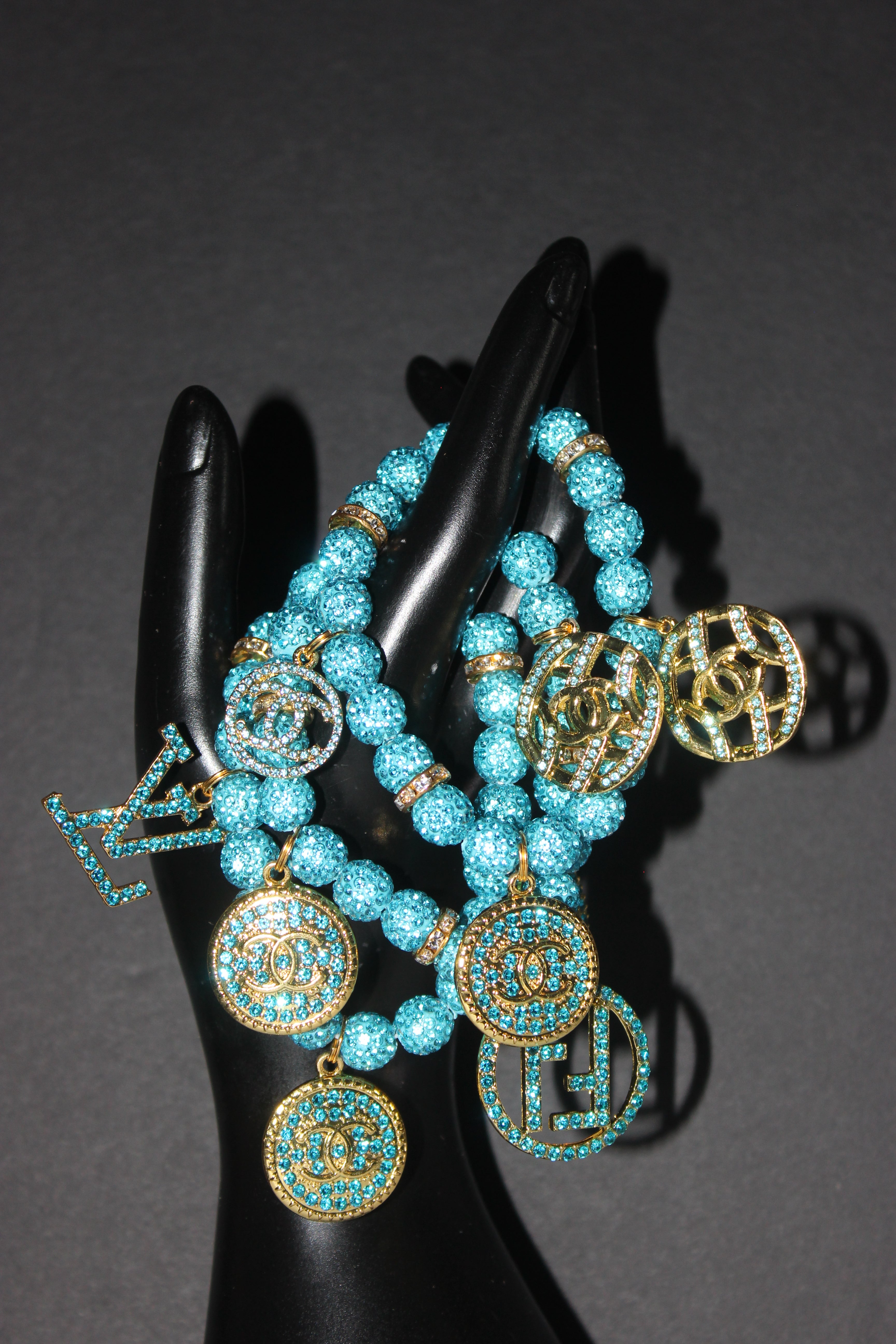 3 Piece Aquamarine & Gold Rhinestone Charm Bracelet Set