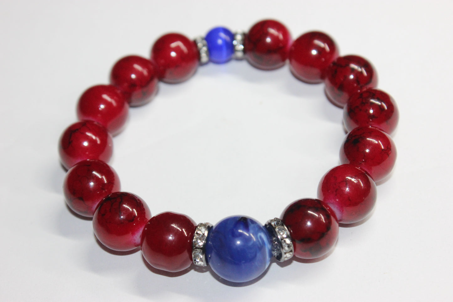 Red & Blue Set In Silver Beaded Bracelet