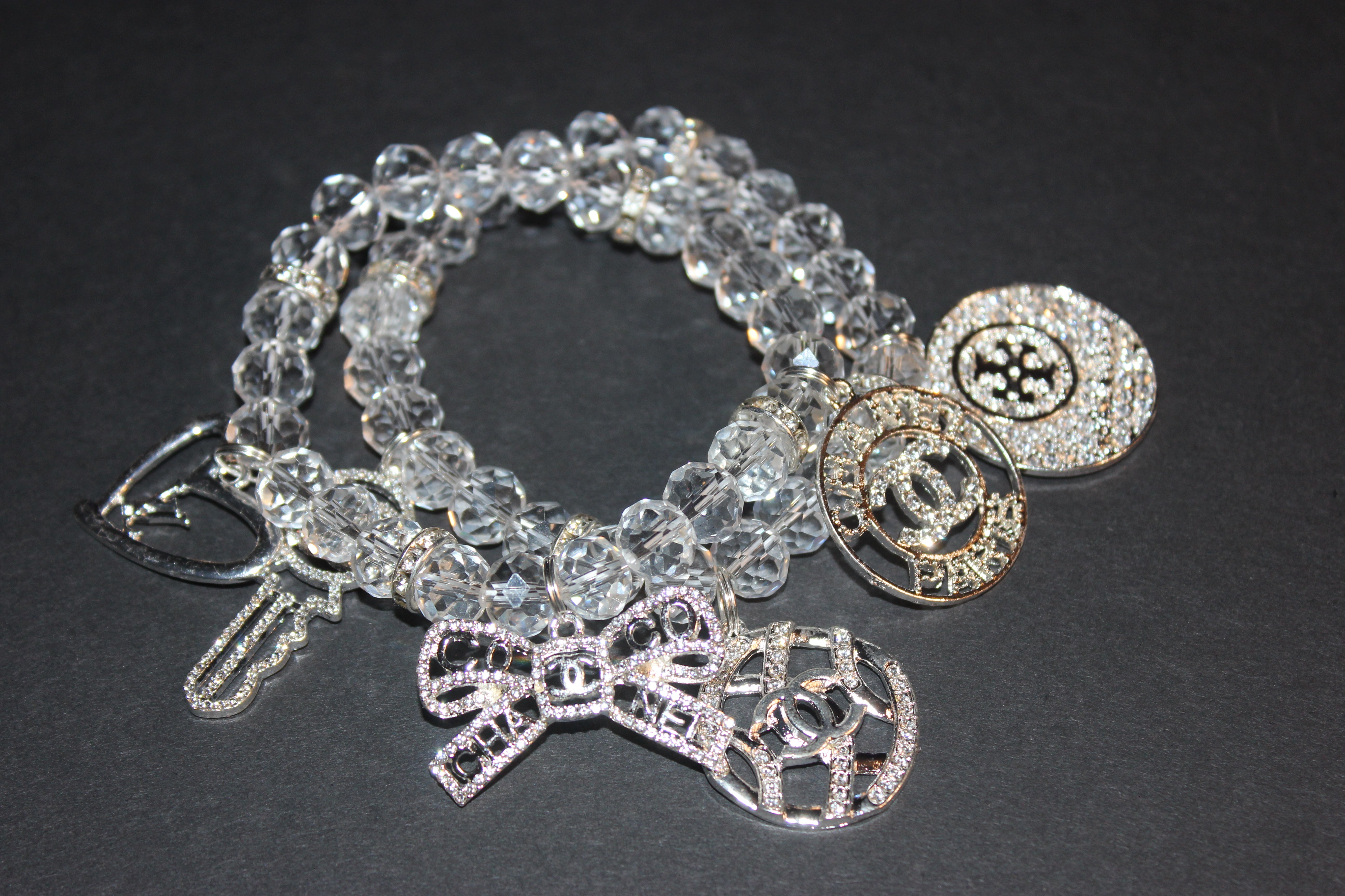 2 Piece Clear Crystal & Silver Charm Bracelet Set