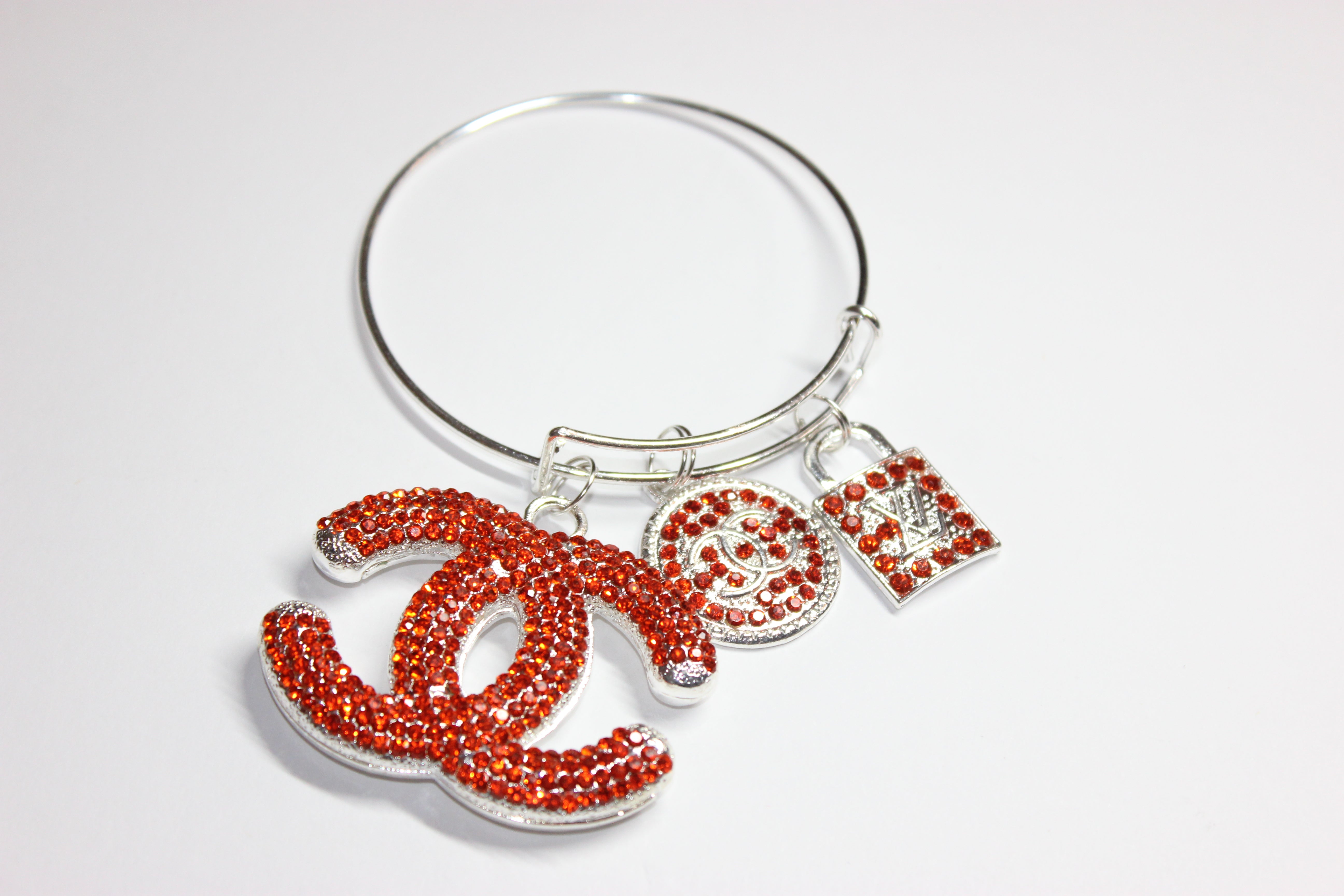 Orange & Silver Rhinestone Charm Bangle
