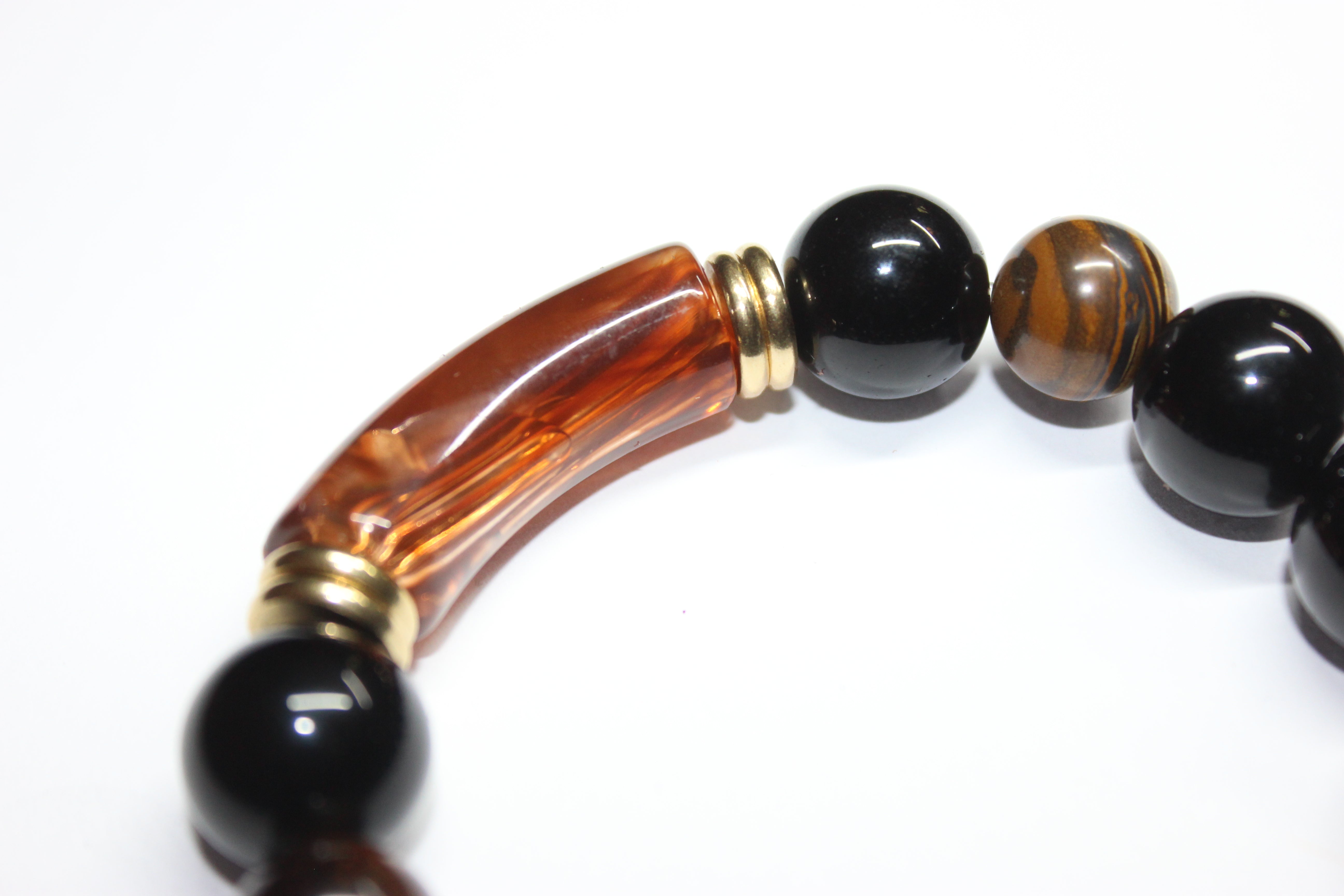 Black Topaz & Brown Tiger Eye Beaded Bracelet w/ Gold