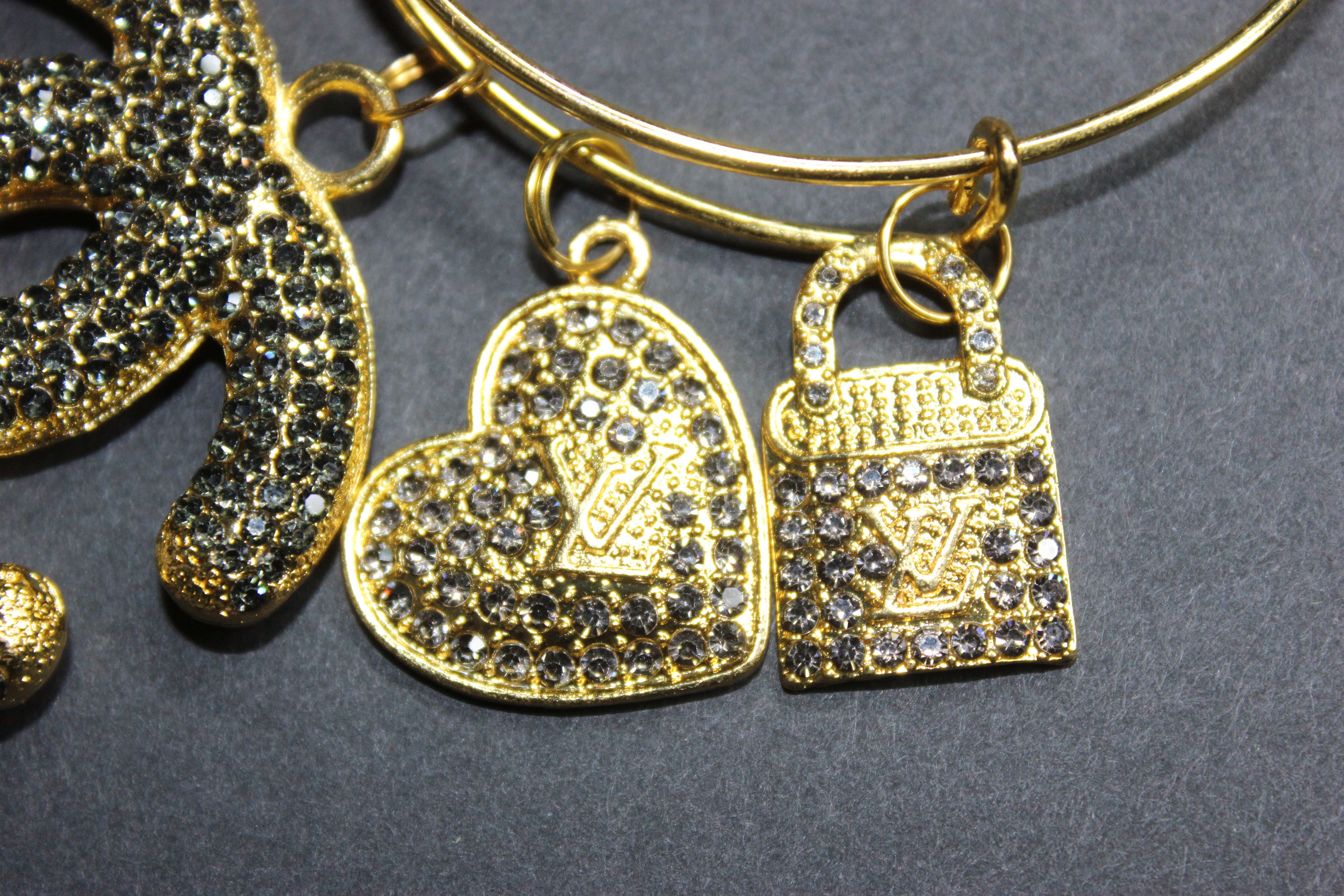 Grey & Gold Rhinestone Charm Bangle