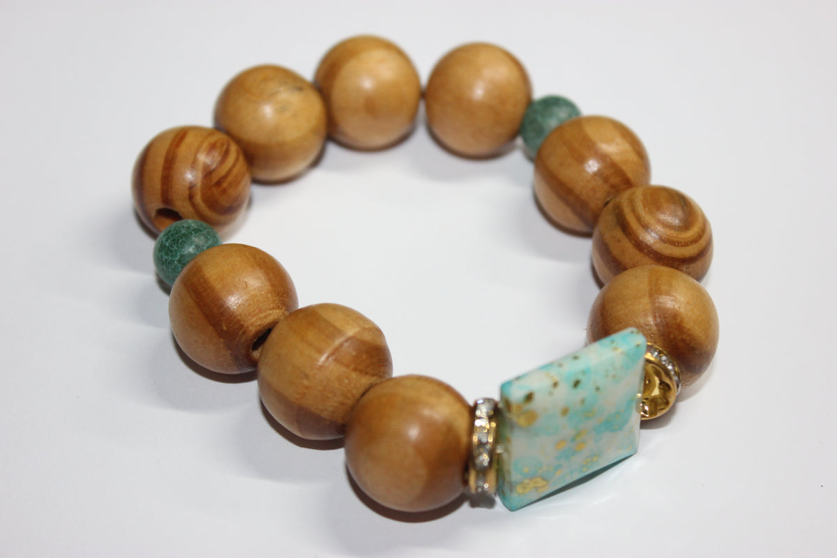 Wood Shades Of Turquoise with Gold Bracelet