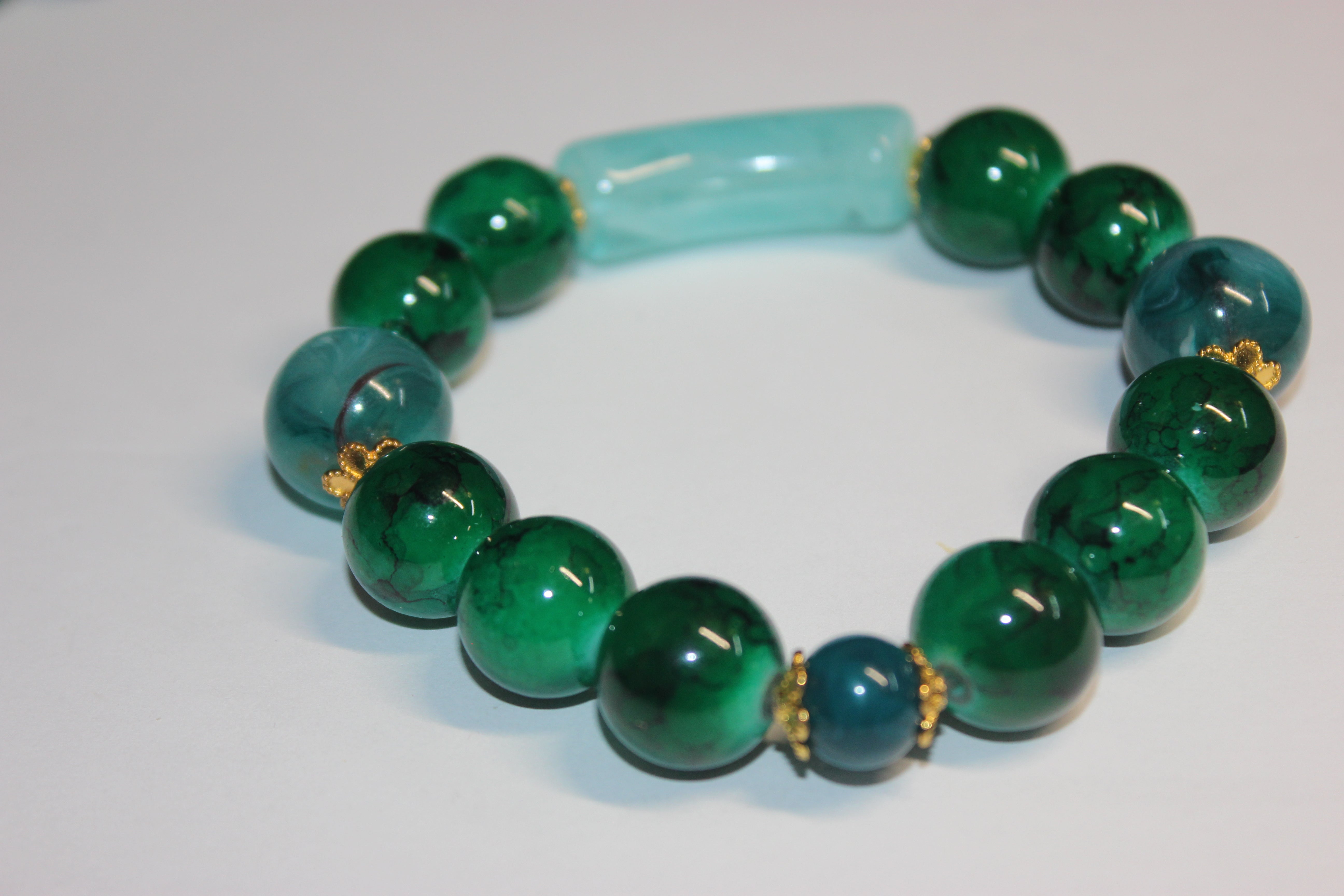 Shades Of Green w/ Aquamarine & Gold BOBCAT Beaded Bracelet