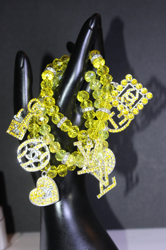 3 Piece Yellow & Silver Crystal Charm Bracelet Set