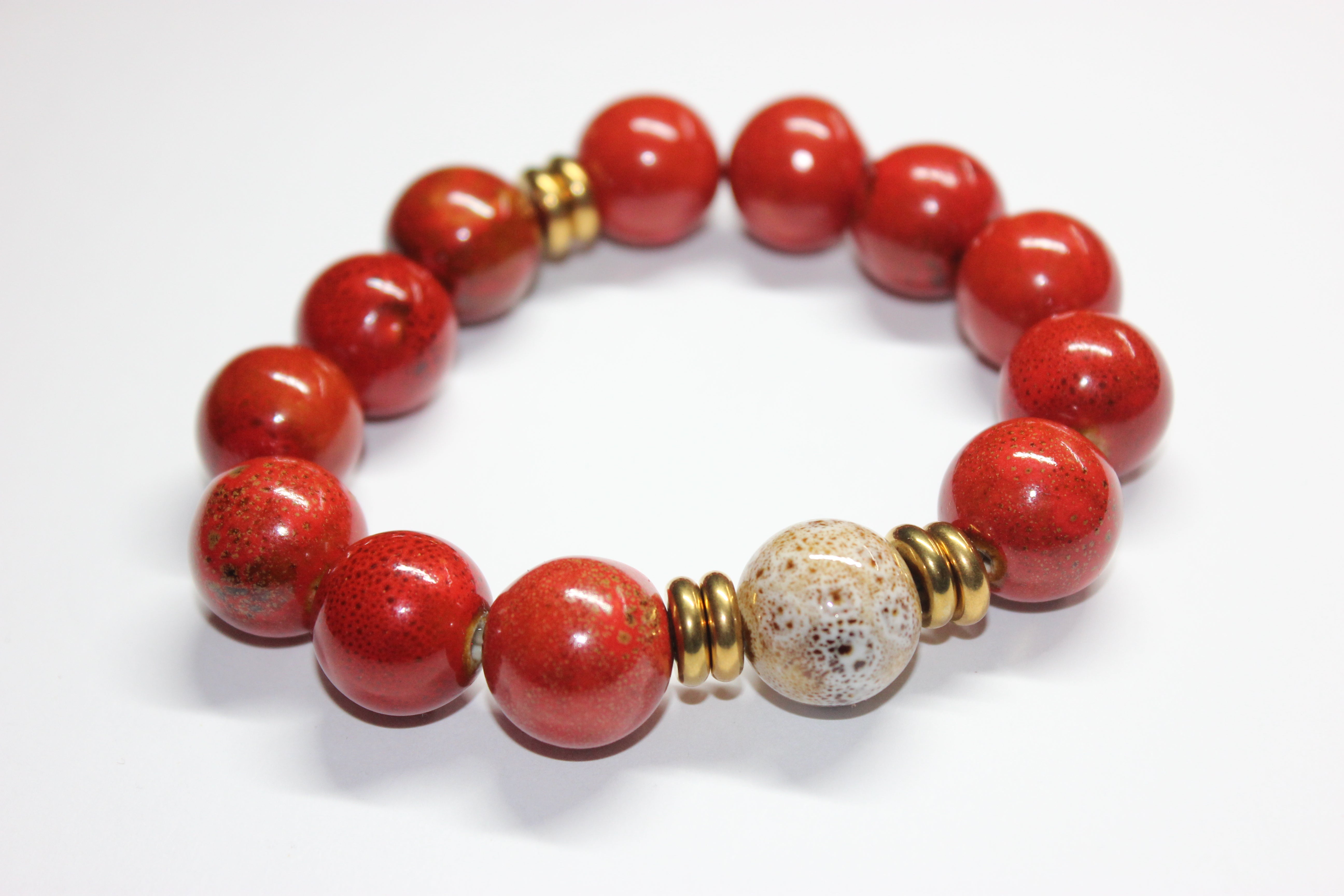 Shades Of Orange & Beige W/ Gold Ceramic Gemstone Bracelet