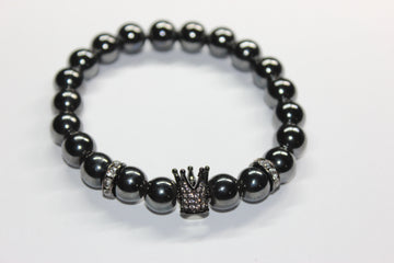Hematite 10mm Beaded Bracelet W/ Crown Charm