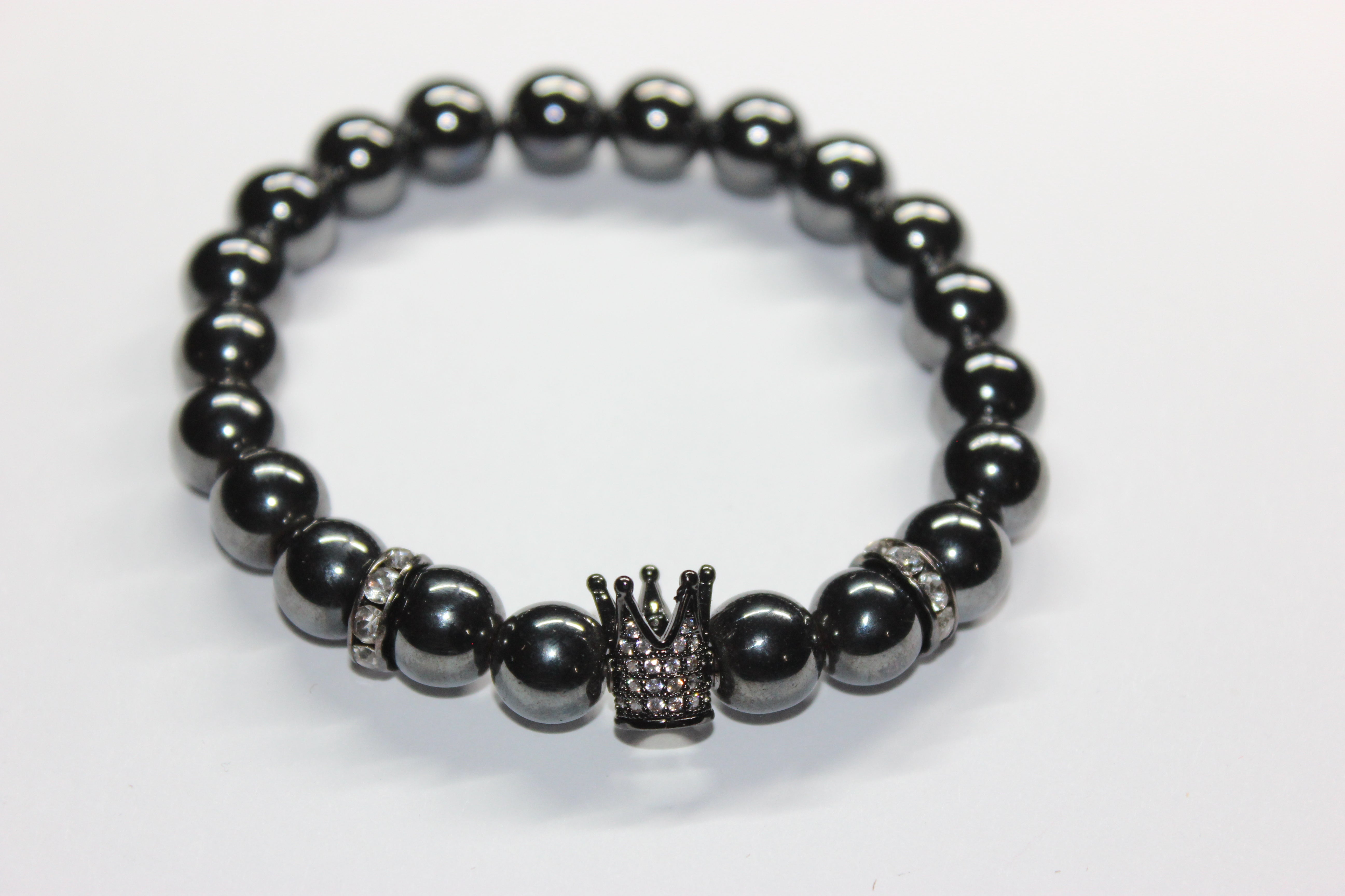 Hematite 10mm Beaded Bracelet W/ Crown Charm