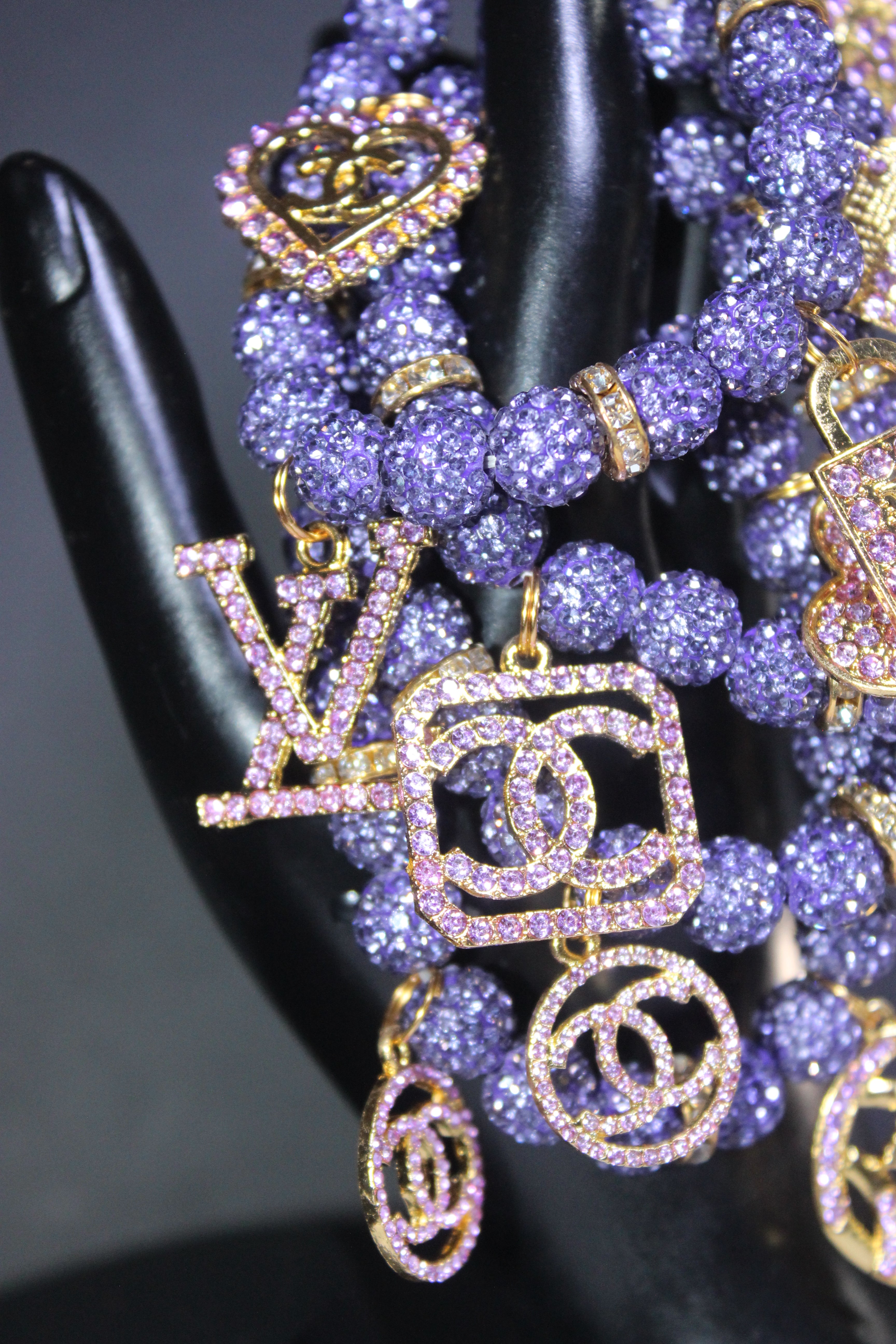4 Piece Purple & Gold Rhinestone Charm Bracelet Set