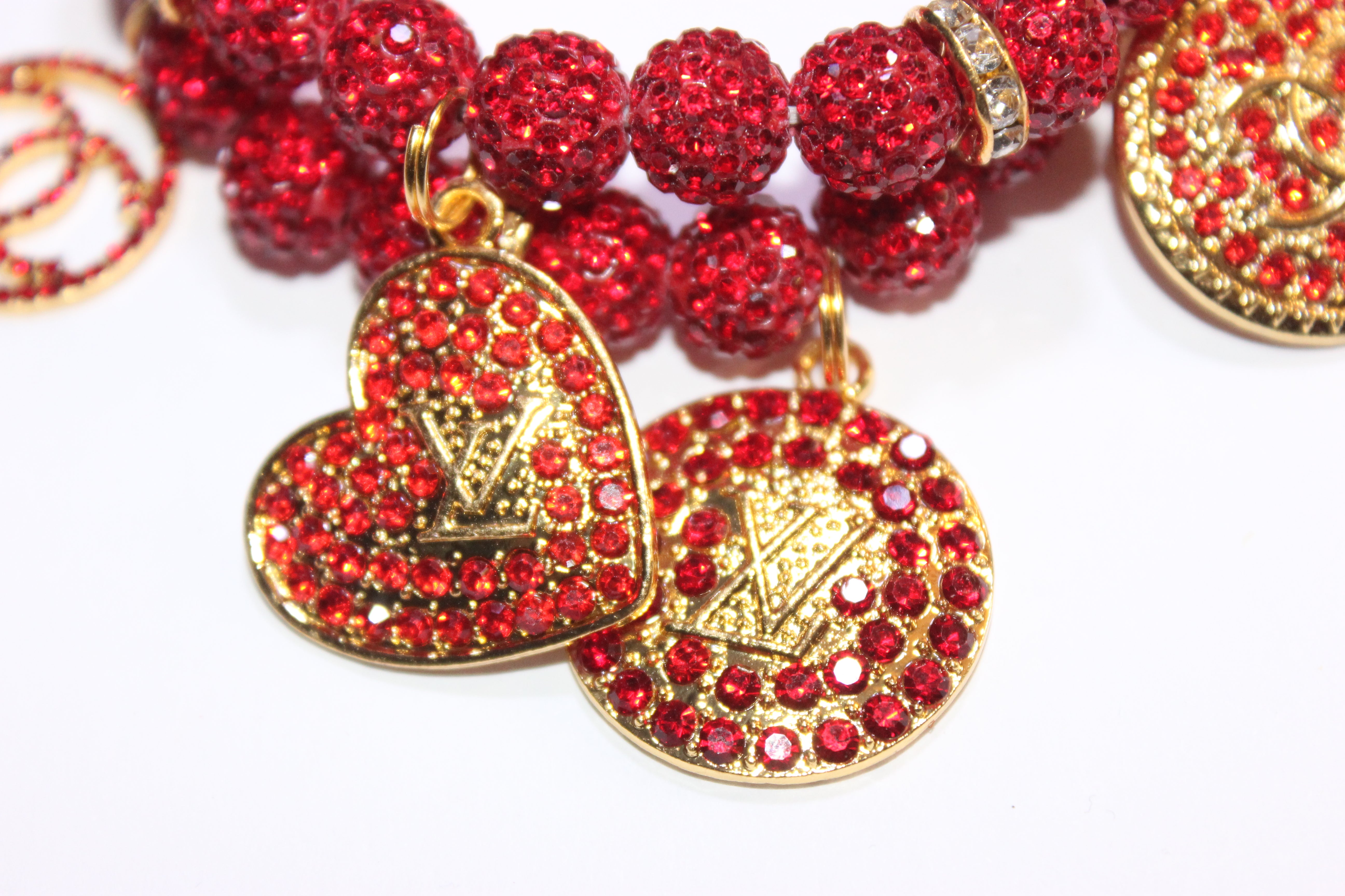 Red & Gold 2 Piece Rhinestone Charm Bracelet Set
