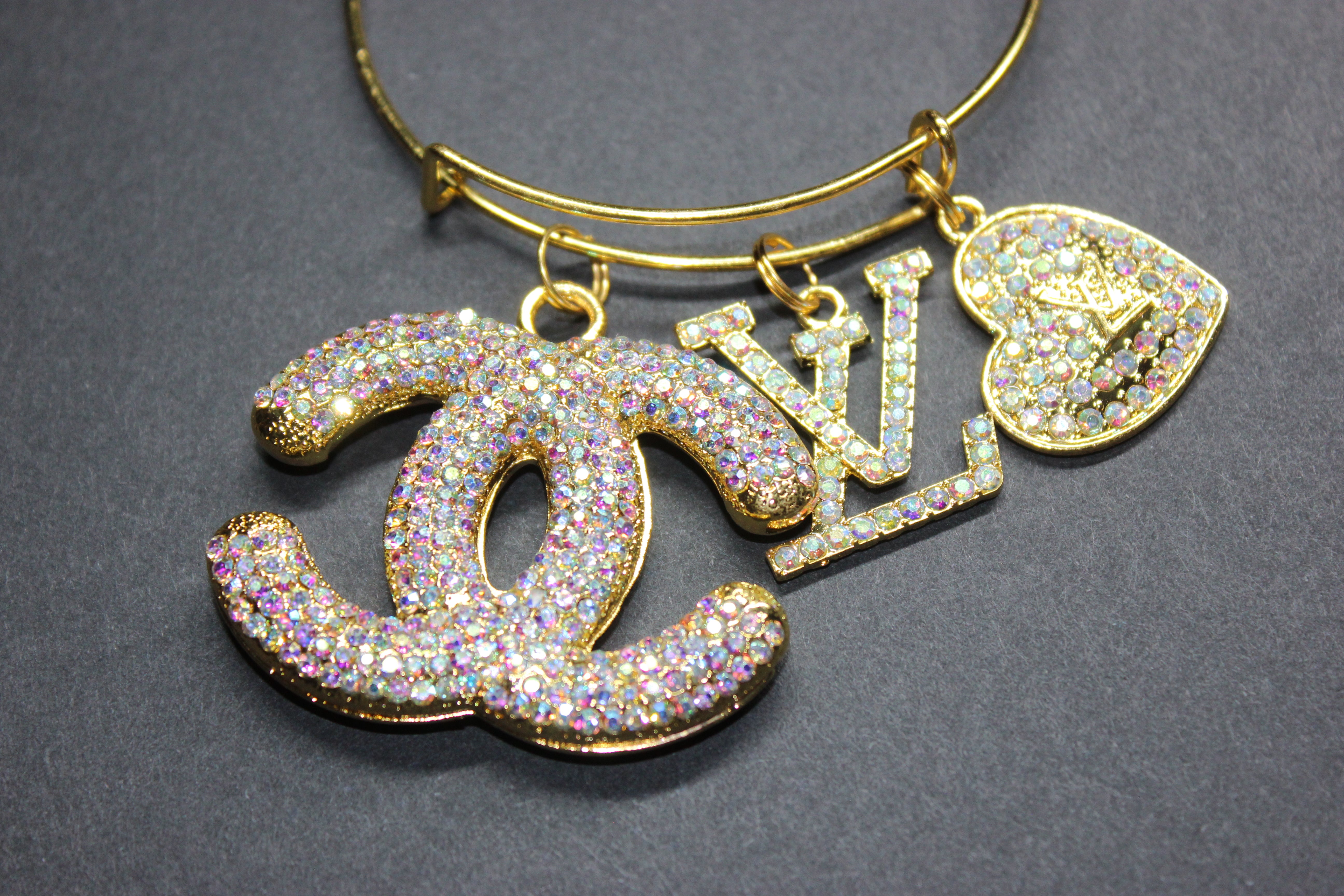Iridescent & Gold Rhinestone Charm Bangle Bracelet