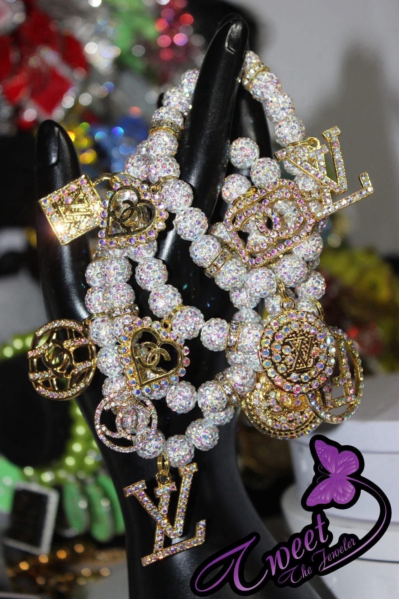 4 Piece Iridescent & White w/Gold Charm Bracelet Set