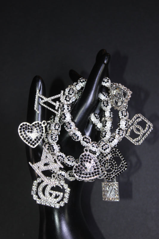 3 Piece White/Black/Grey Rhinestone Charm Bracelet Set