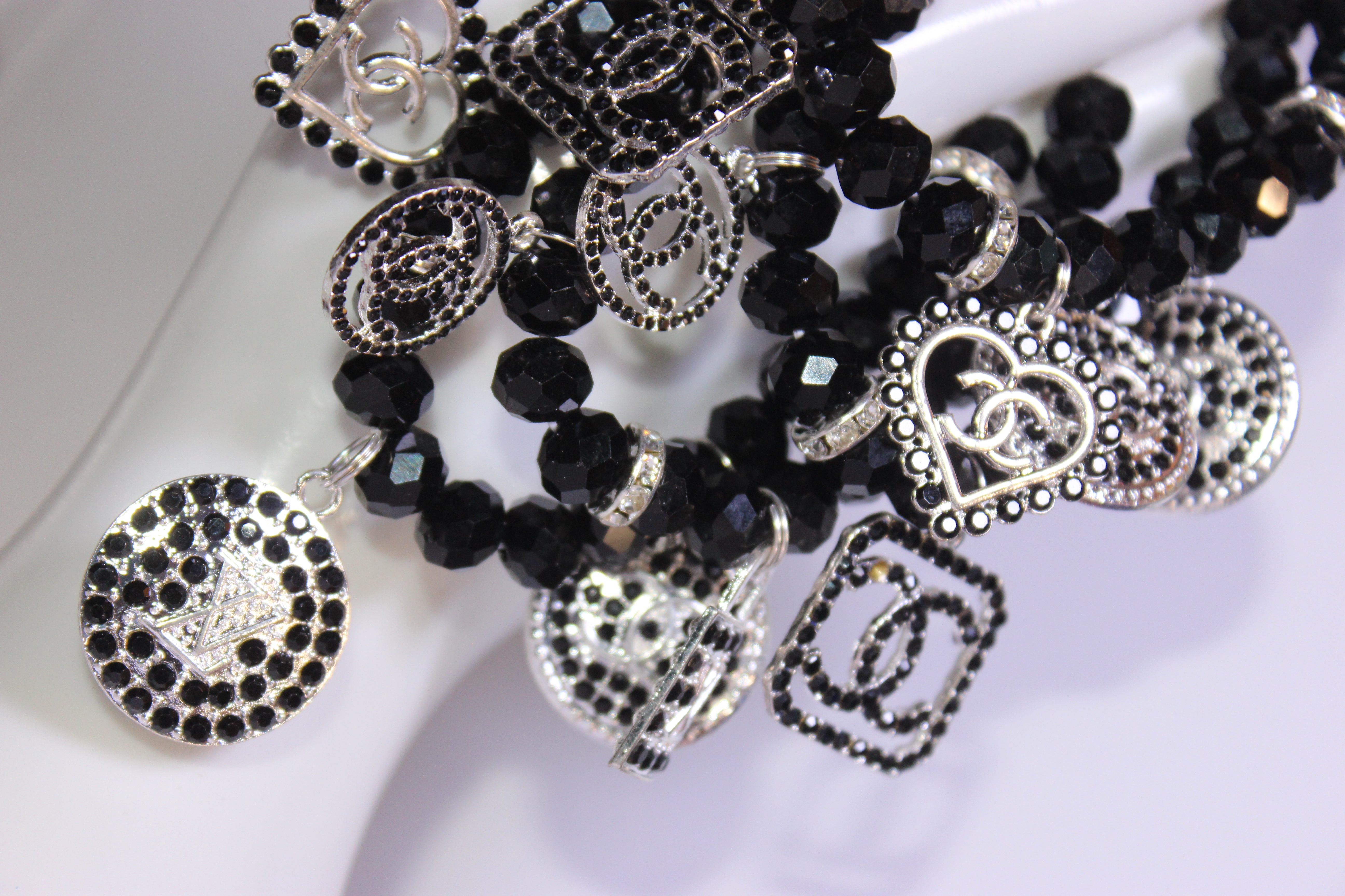 4 Piece Black & Silver Crystal Charm Bracelet Set