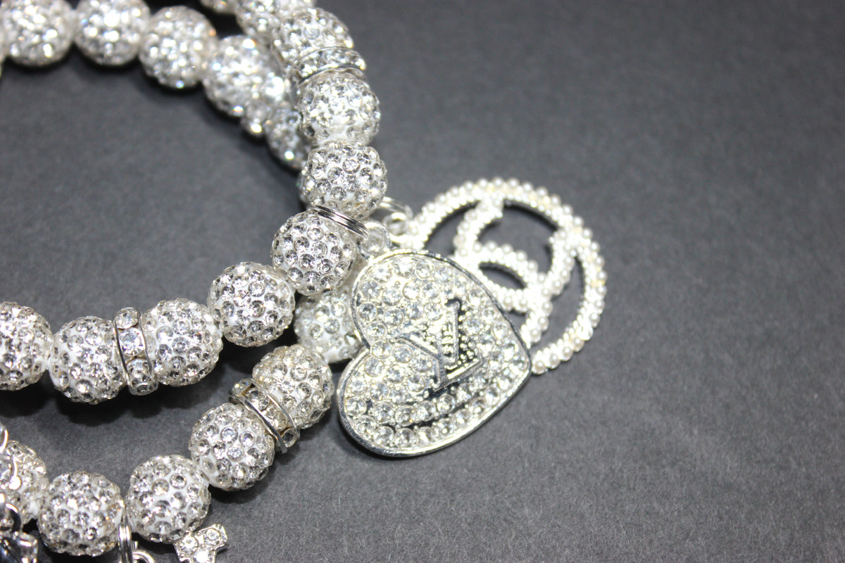 2 Piece White & Silver Rhinestone Charm Bracelet Set