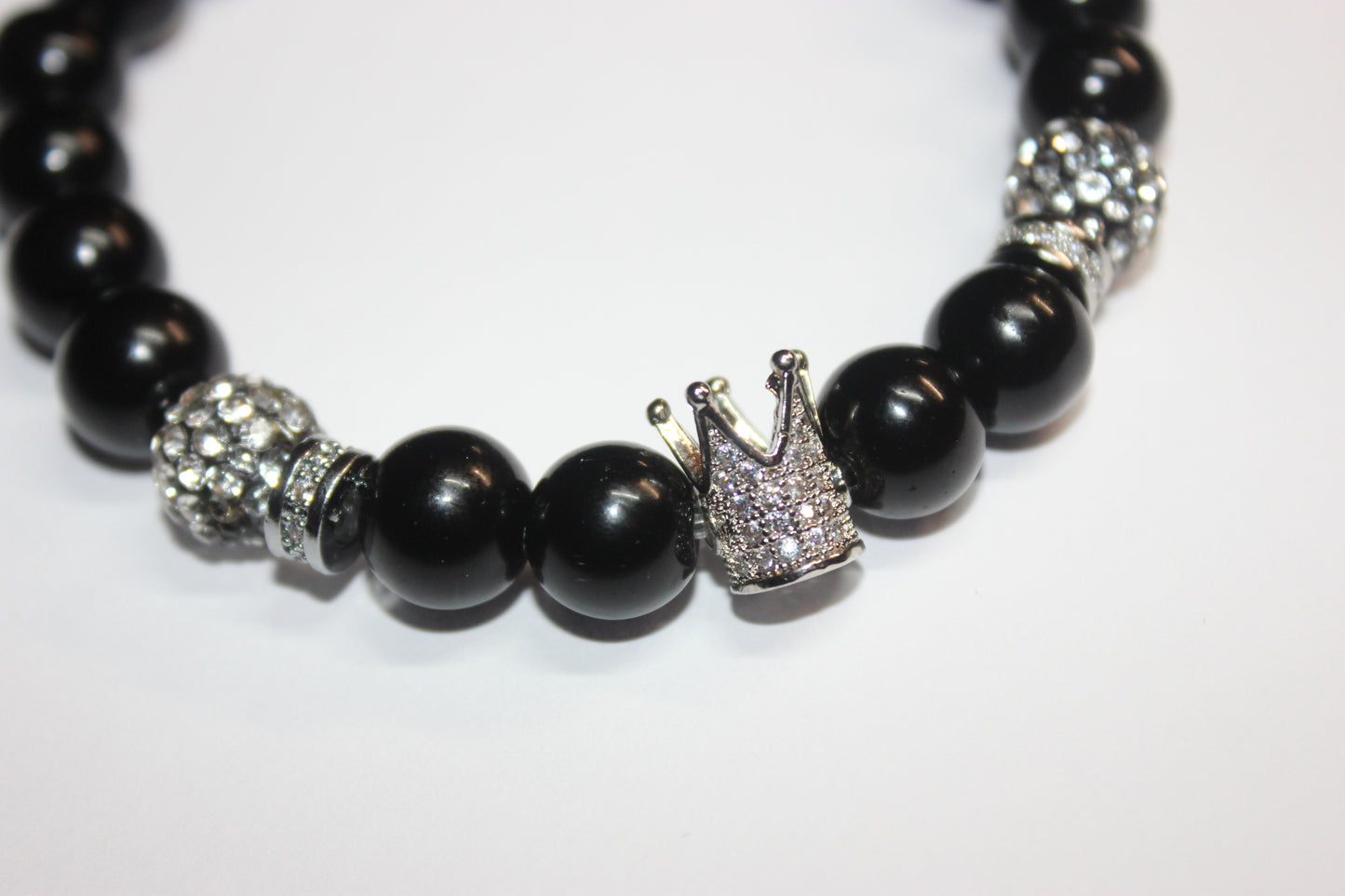 Black & Silver 10mm Beaded Bracelet with Upright Crown Charm