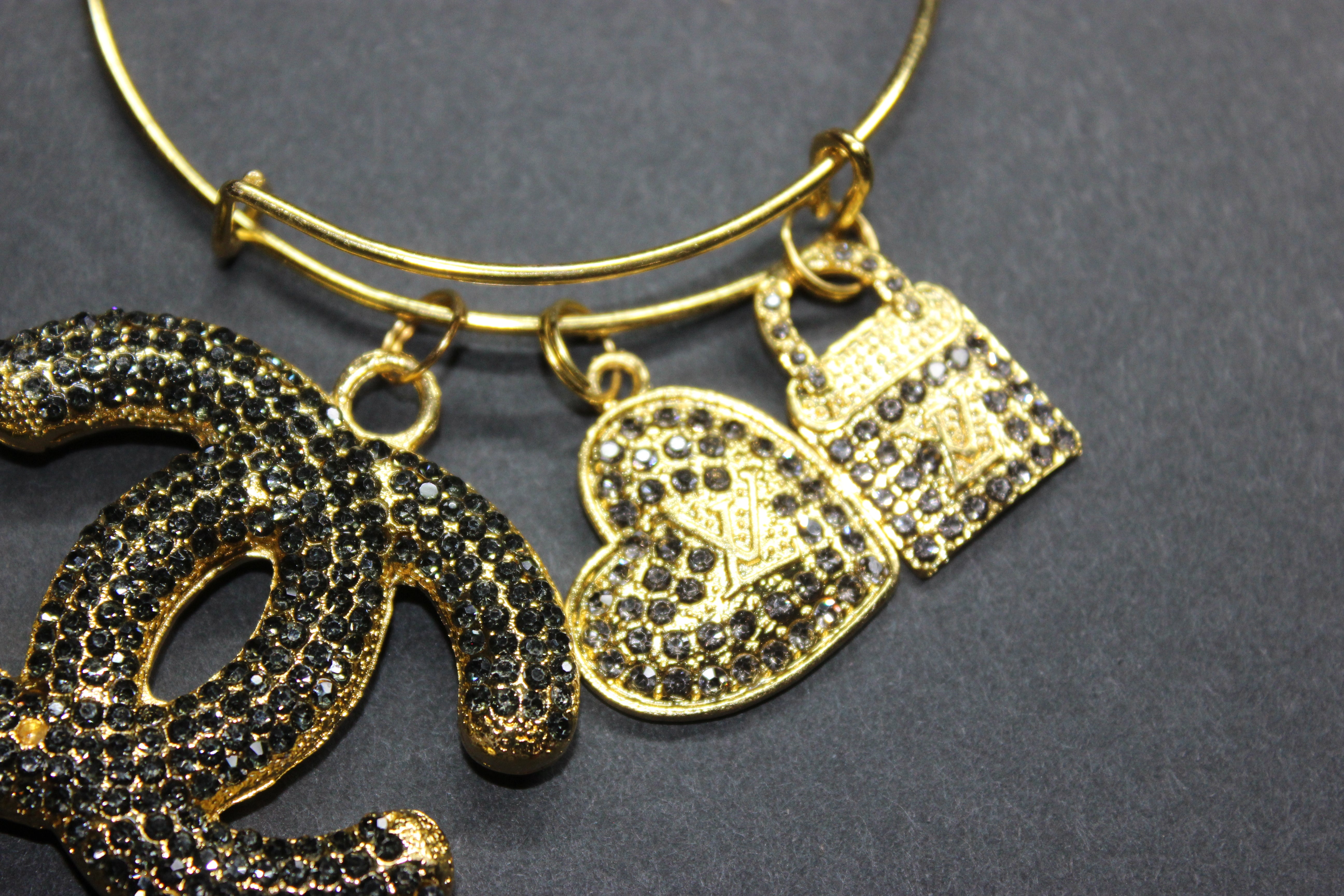 Grey & Gold Rhinestone Charm Bangle