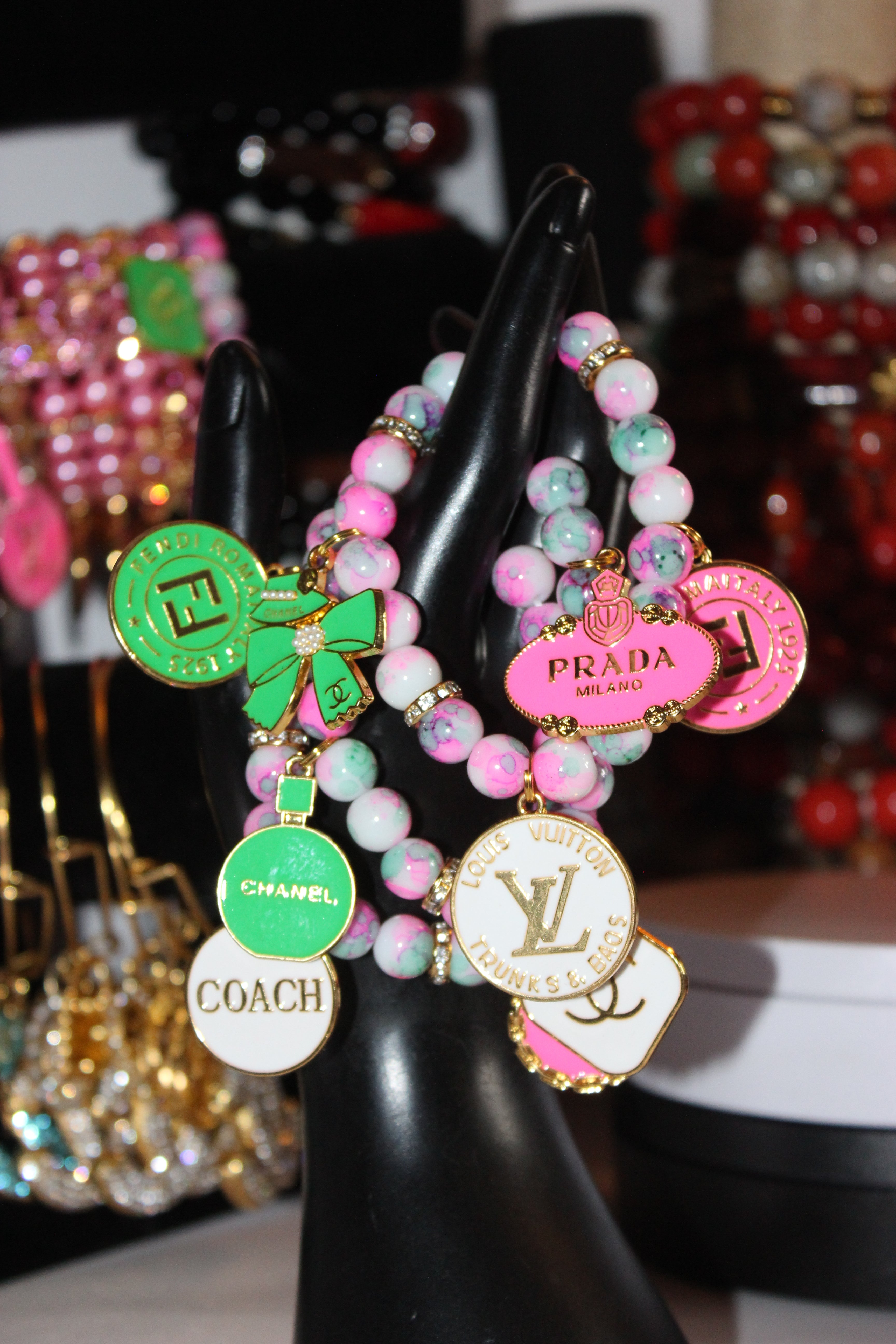 3 Piece Pink Green & White w/ Gold Charm Bracelet Set